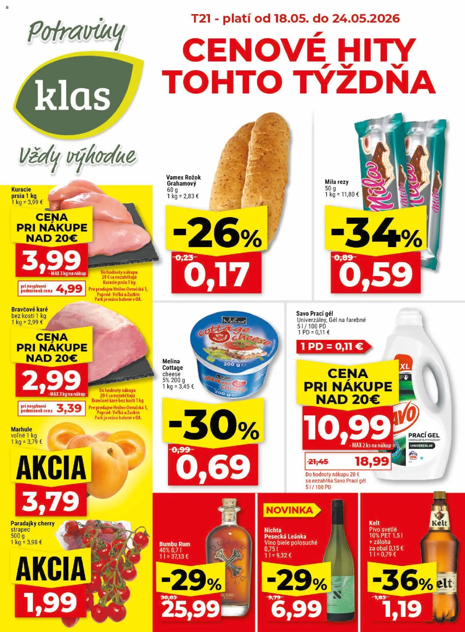 Nové Klas akcie – leták je platný od 18.05.2026 | Strana: 1 | Produkty: Pivo, Víno, Savo, Mila