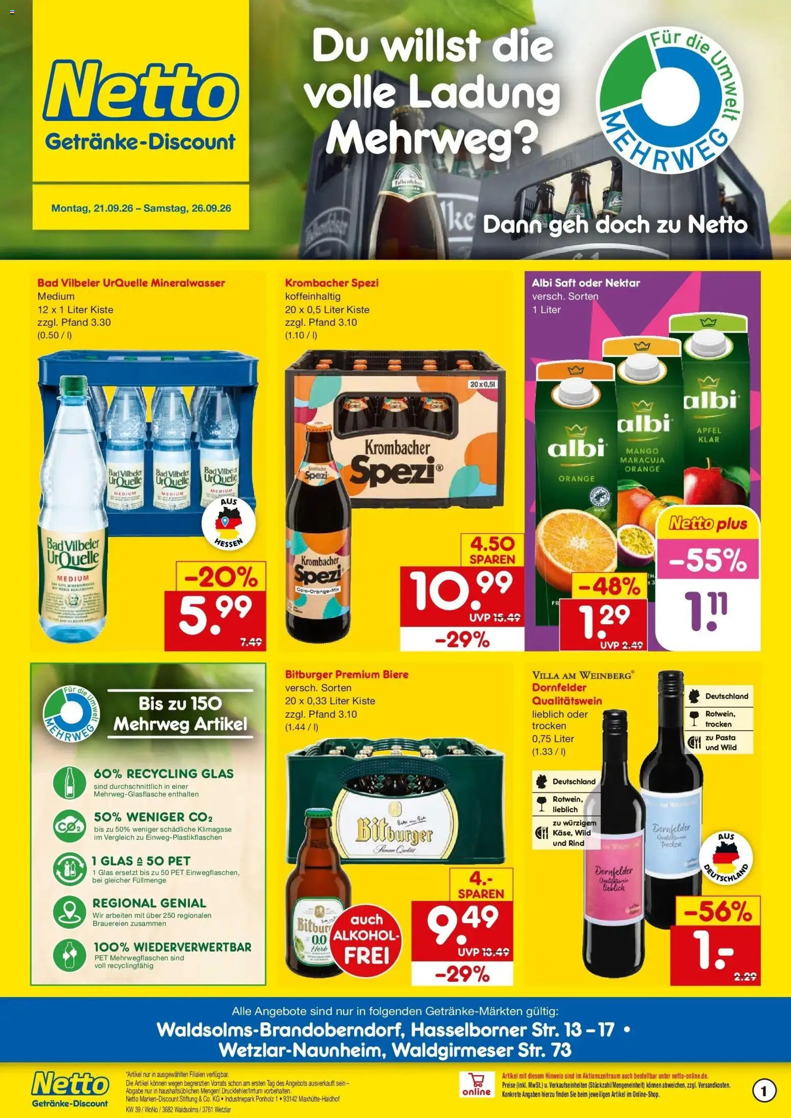 Netto Marken-Discount Prospekt Waldsolms-Brandoberndorf – gültig ab 21.09.2026 | Seite: 1 | Produkte: Bitburger, Äpfel, Pasta, Saft