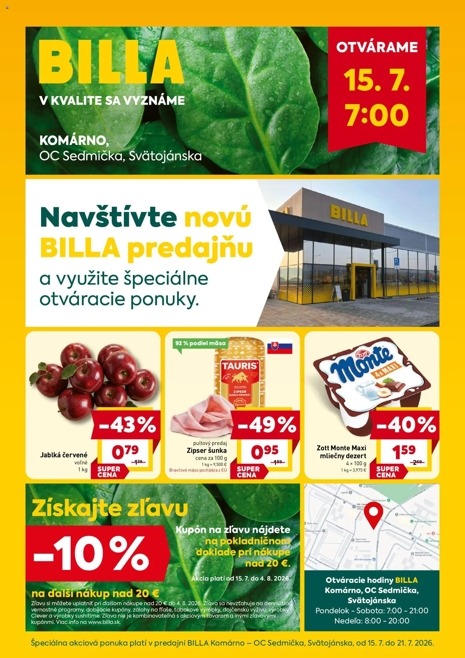 Nové Billa akcie – leták je platný od 15.07.2026 | Strana: 1 | Produkty: Hodiny, Šunka, Jablká, Bravčové mäso