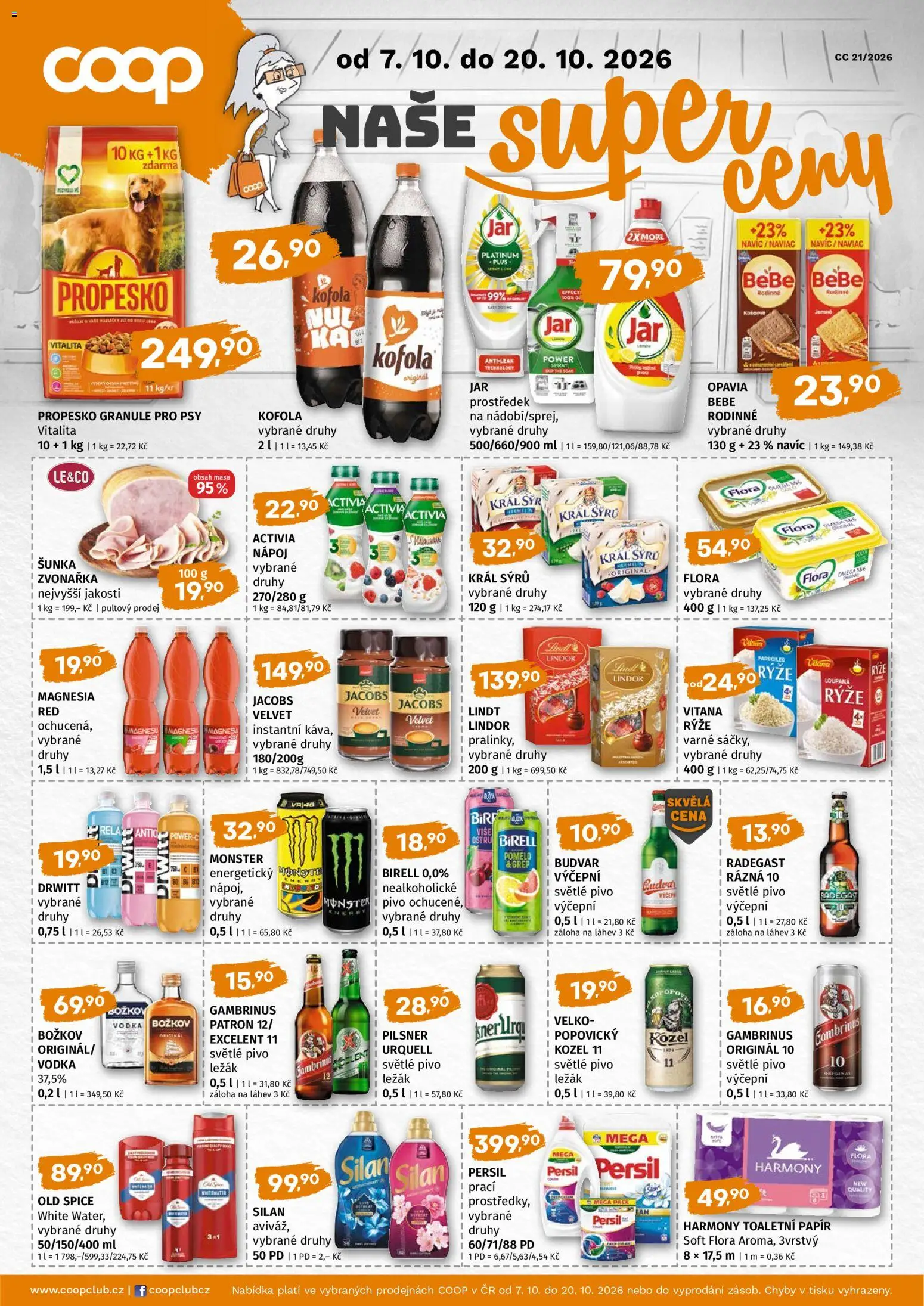 Trefa leták - COOP naše super ceny od 07.10.2026 | Strana: 1 | Produkty: Birell, Granule pro psy, Magnesia, Jacobs