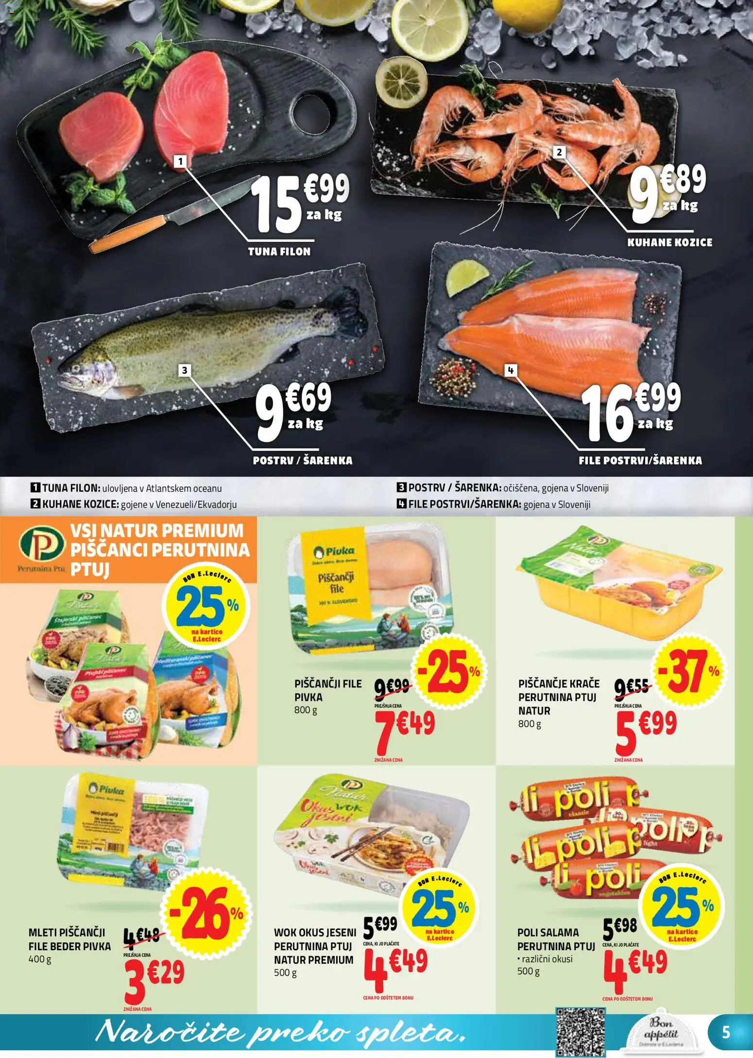 Novi E.leclerc katalog ponudbe – veljaven od 07.10.2026 | Stran: 5 | Izdelki: Kozice, Postrv, Tuna, Salama