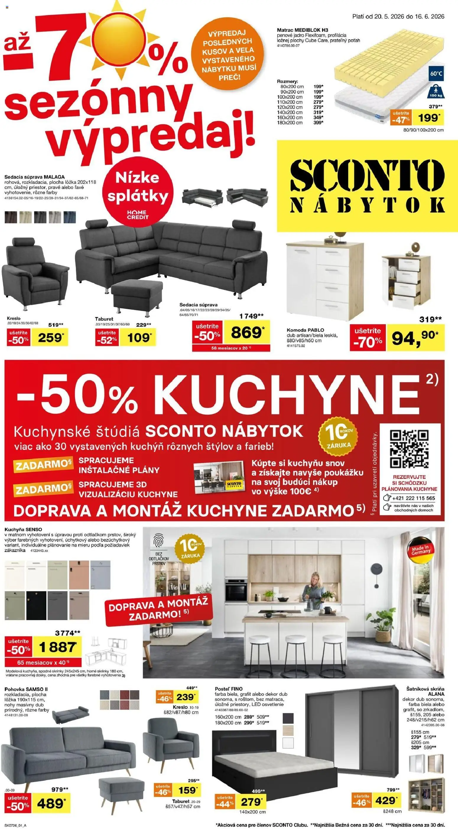 Nové Sconto nábytok akcie – leták je platný od 20.05.2026 | Strana: 1 | Produkty: Nábytok, Matrac, Sedacia súprava, Posteľ