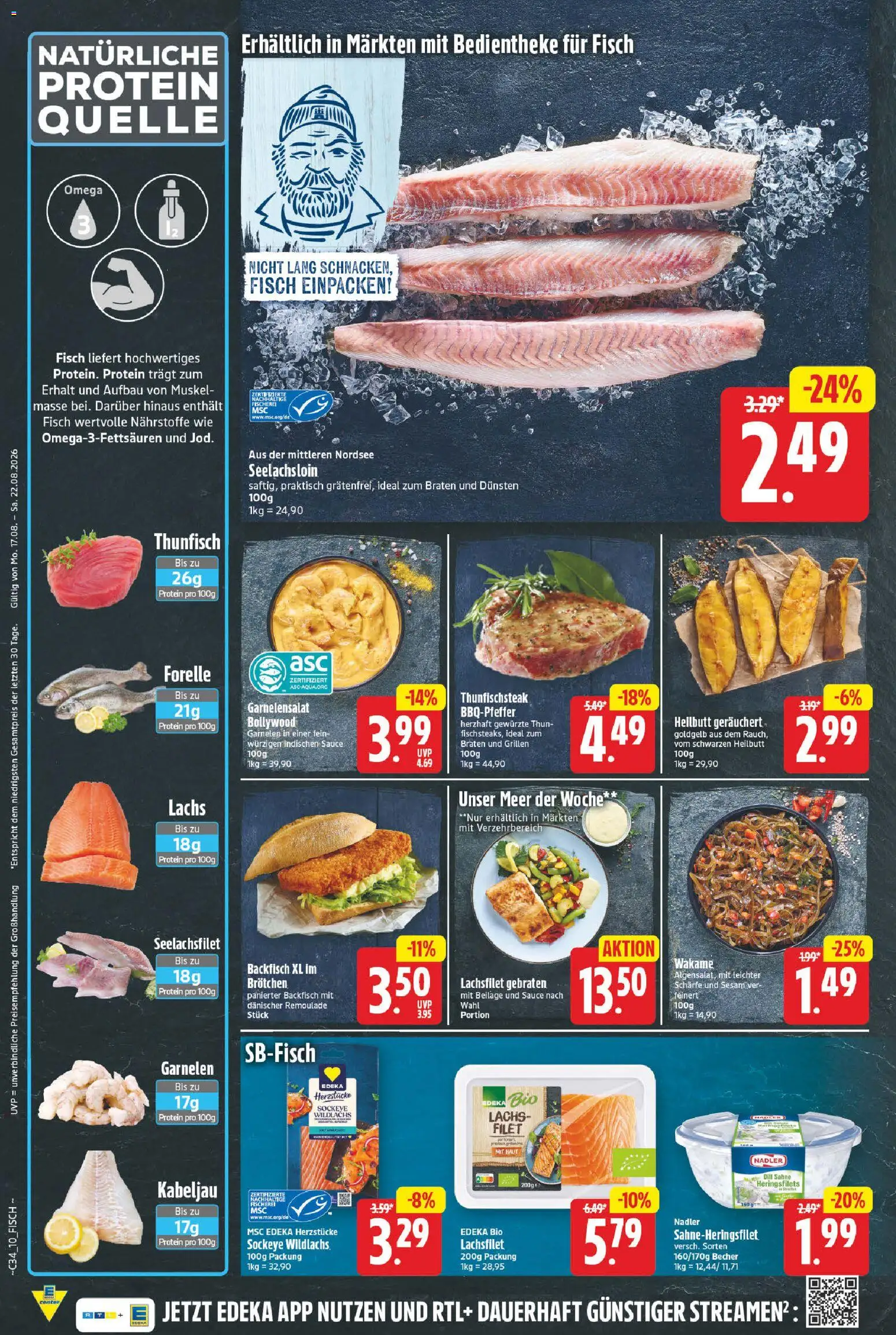 E center Prospekt – gültig ab 17.08.2026 | Seite: 10 | Produkte: Thunfisch, Garnelen, Lachs, Sahne