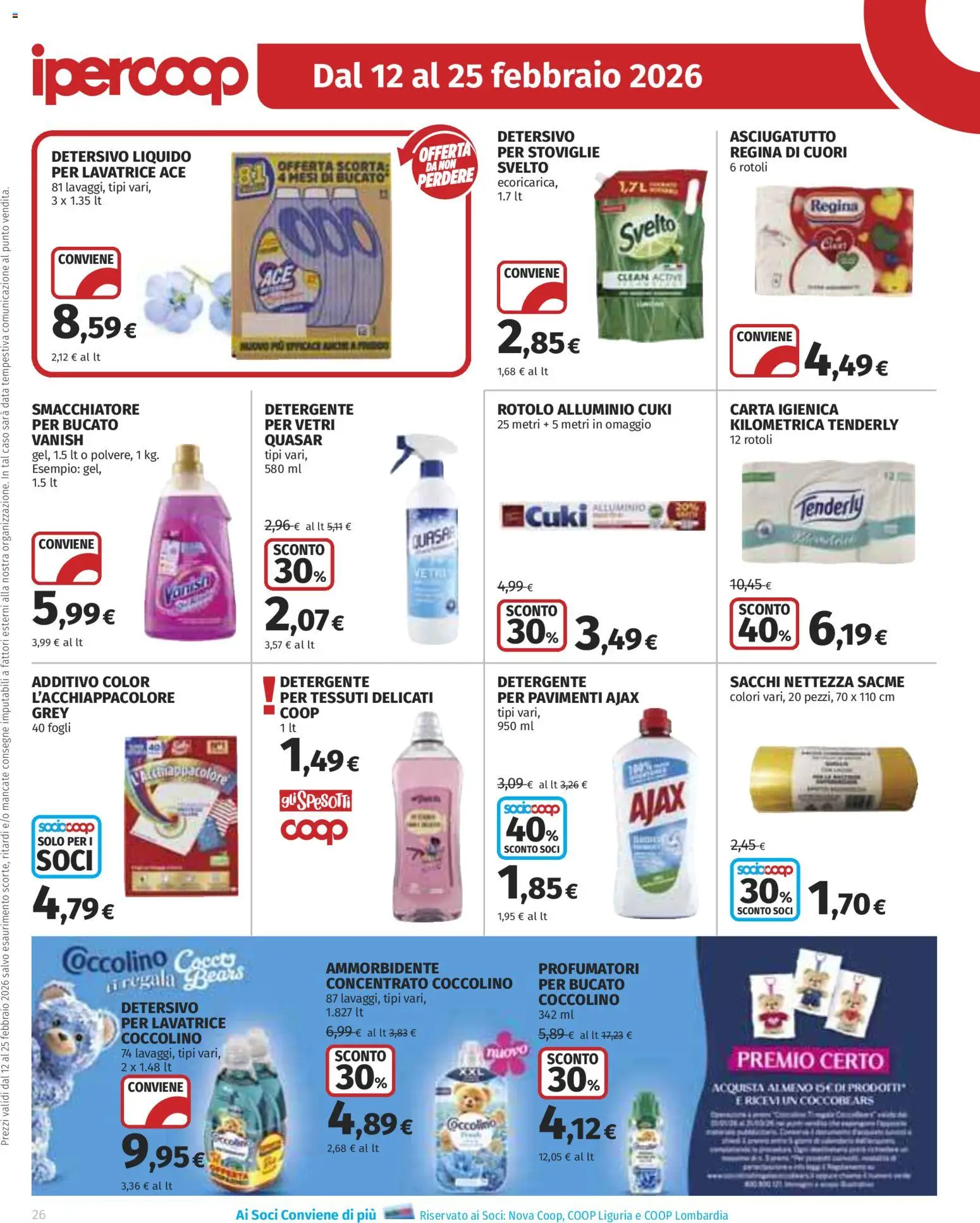 Volantino Ipercoop del 12.02.2026 | Pagina: 26 | Prodotti: Detergente, Lavatrice, Data, Alluminio