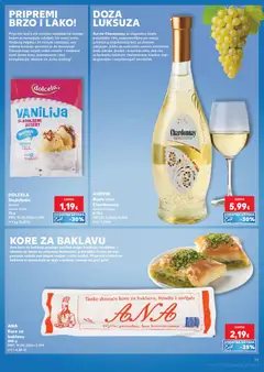 Bijelo vino Chardonnay Golden flower, Aurvin Chardonnay je elegantno bijelo poluslatko vino, prepoznatljivo po svojoj privlačnoj svijetložutoj boji sa zlatnim odsjajem. Ističe se raskošnim voćnim aromama zrele jabuke, kruške i tropskih nota, dok mu svilenkasta tekstura i balansirane kiseline daju dugotrajan i osvježavajući završetak. - Pregled kataloga iz trgovine Kaufland, vrijedi od 01.07.2026 | Stranica: 19 | Proizvodi: Griz, Bijelo vino, Vino, Štrudle