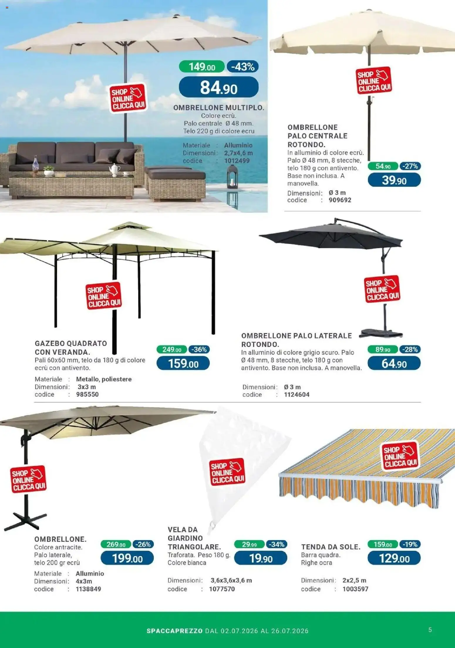 Volantino CFadda del 01/07/2026 | Pagina: 5 | Prodotti: Tenda, Ombrellone, Gazebo, Alluminio