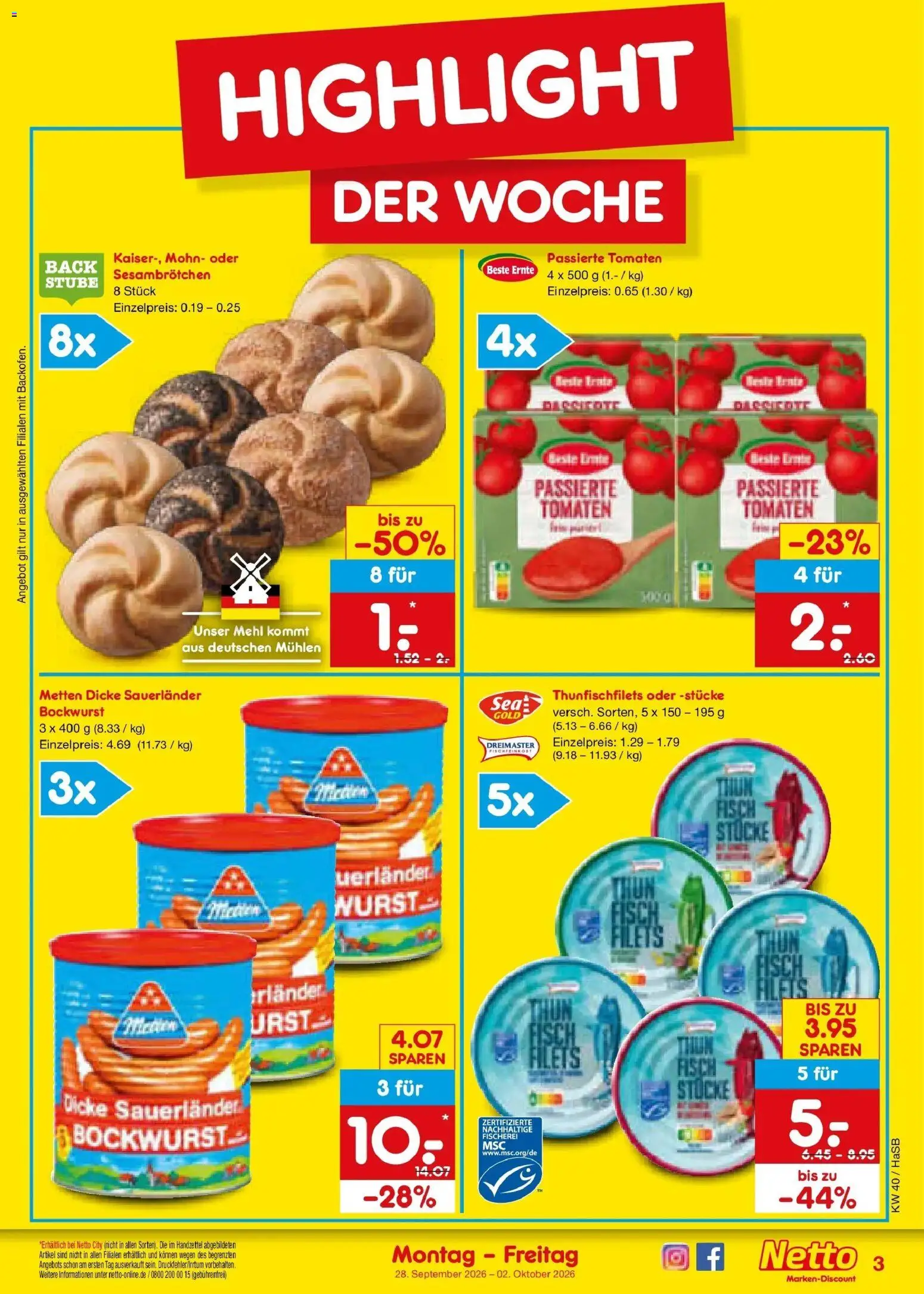 Netto Marken-Discount Prospekt Unna – gültig ab 28.09.2026 | Seite: 3 | Produkte: Bockwurst, Mehl, Tomaten, Fisch