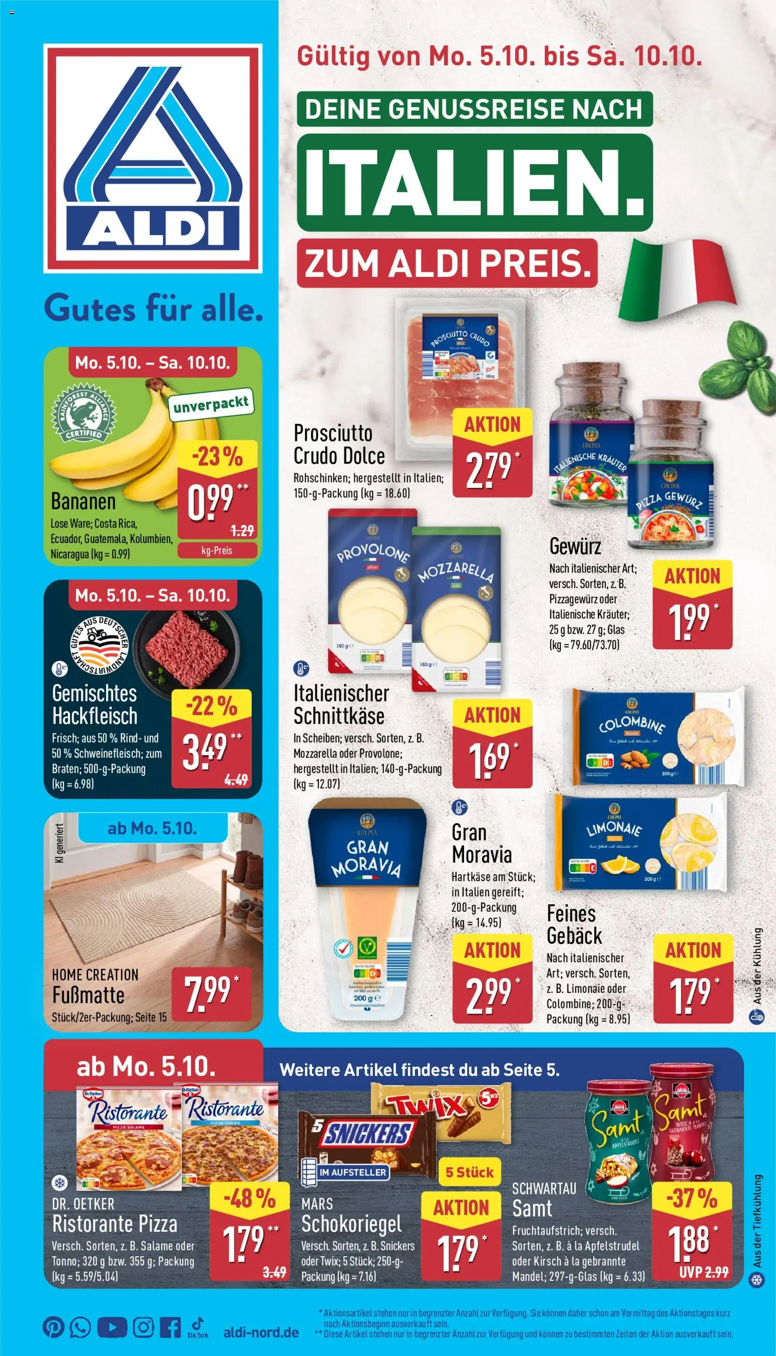 Aldi Prospekt – gültig ab 05.10.2026 | Seite: 1 | Produkte: Fußmatte, Twix, Salami, Pizza