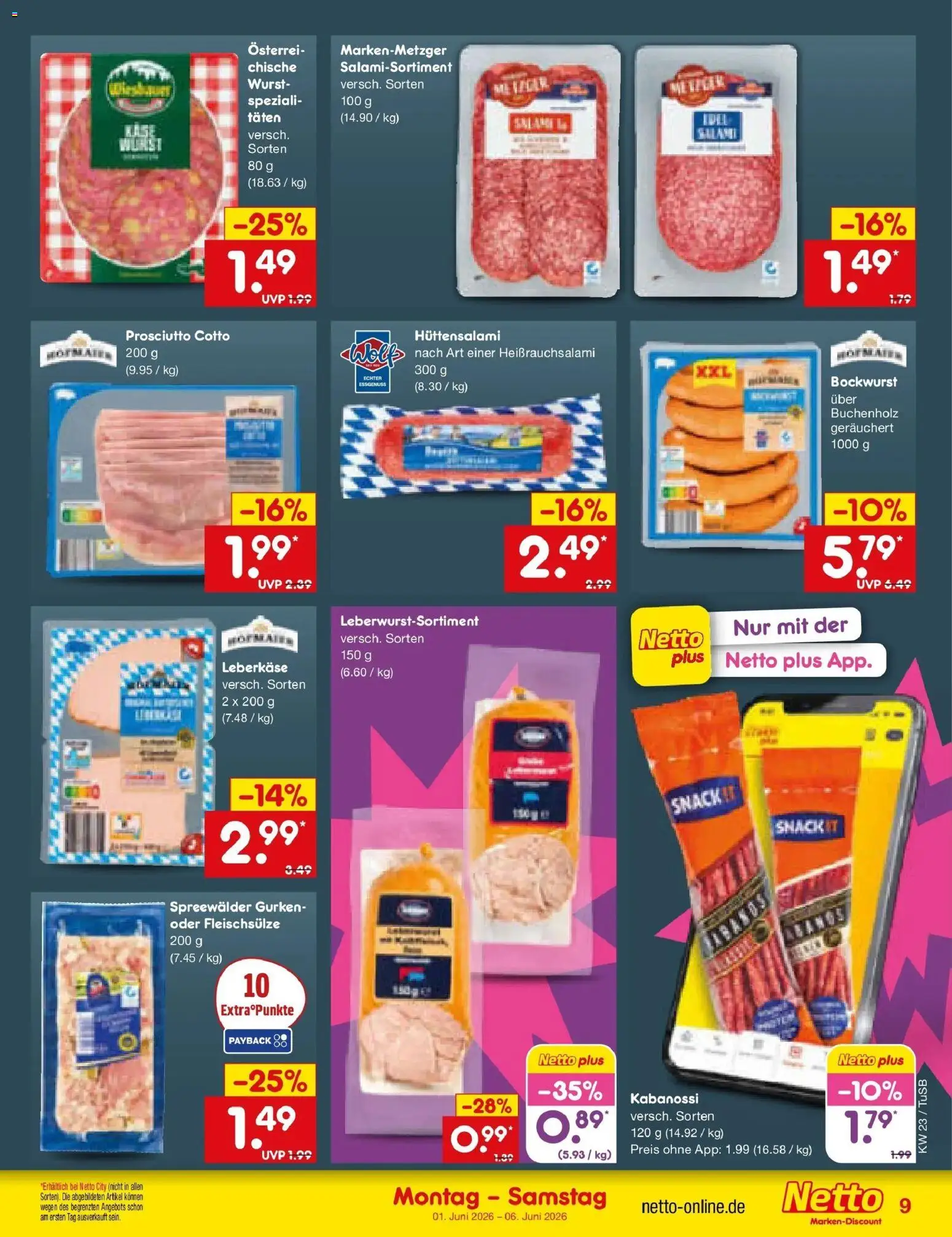 Netto Marken-Discount Prospekt Lahr-Langenwinkel – gültig ab 01.06.2026 | Seite: 9 | Produkte: Bockwurst, Wurst, Salami, Leberkase