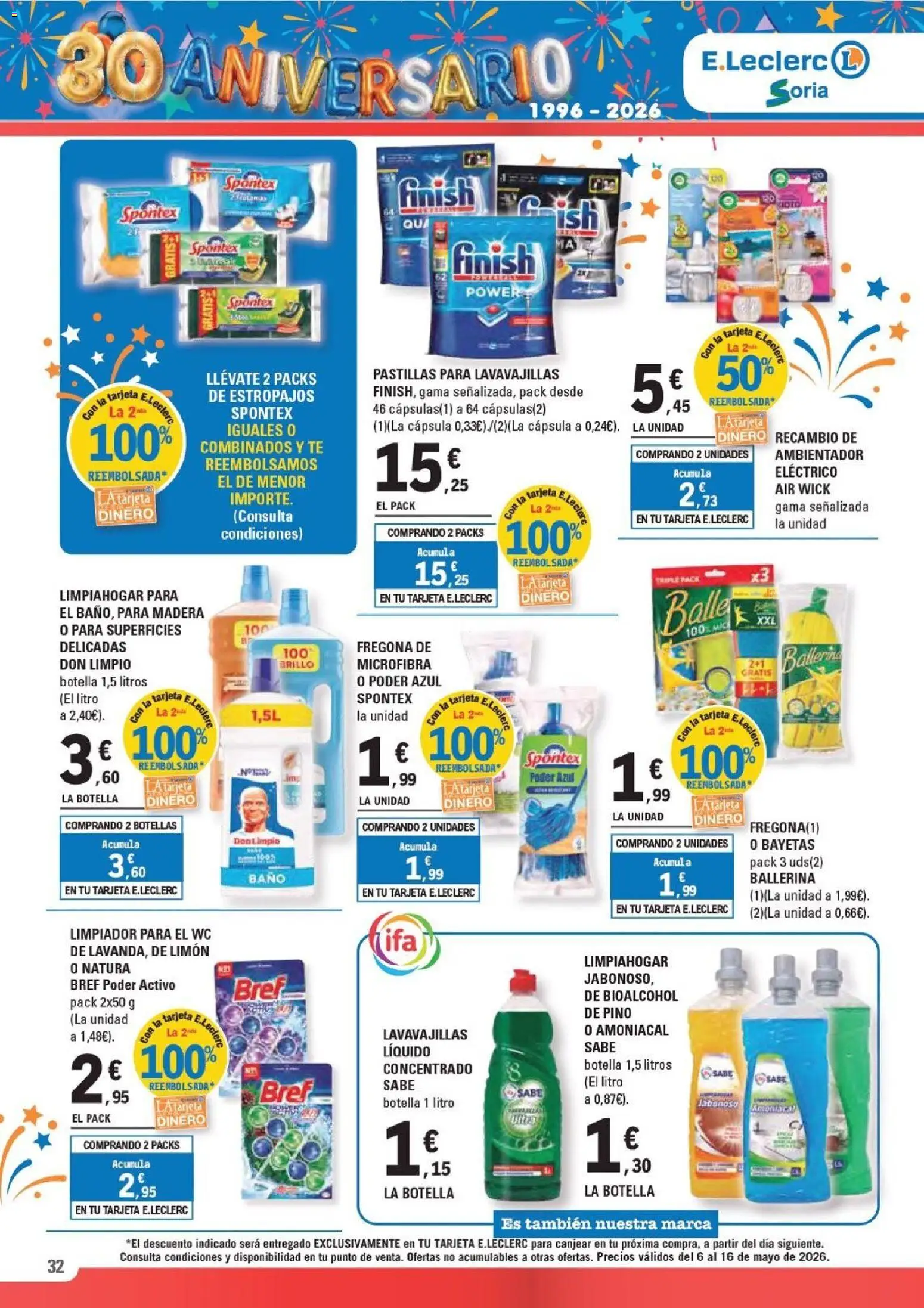 E.Leclerc Soria │ válido desde el 06.05.2026 | Página: 32 | Productos: Pastillas para lavavajillas, Té, Lavavajillas, Baño