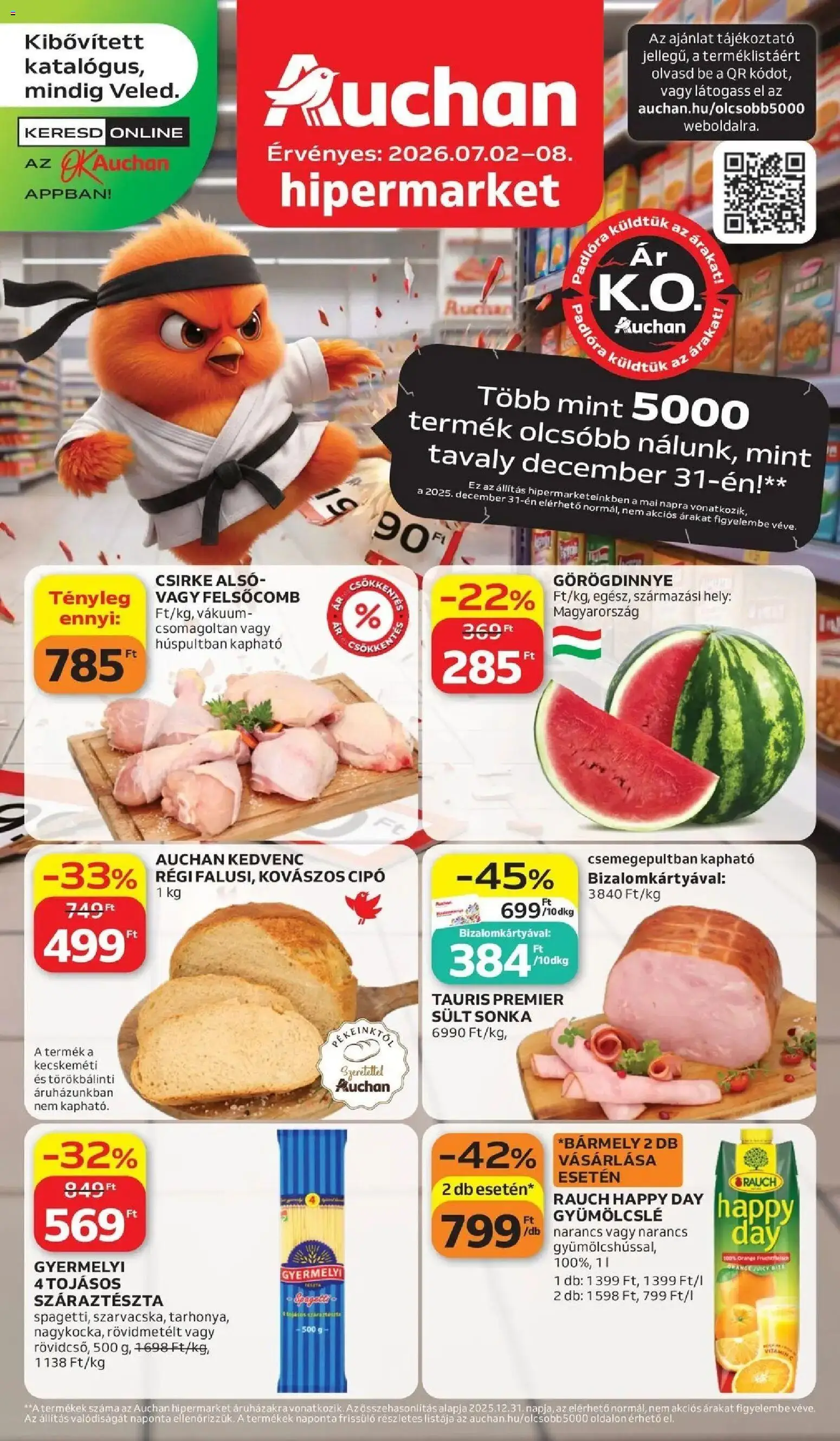 Auchan akciós ujság - amely érvényes a következő dátumtól: 2026.07.02. | Oldal: 1 | Termékek: Gyümölcslé, Sonka, Tojás, Száraztészta