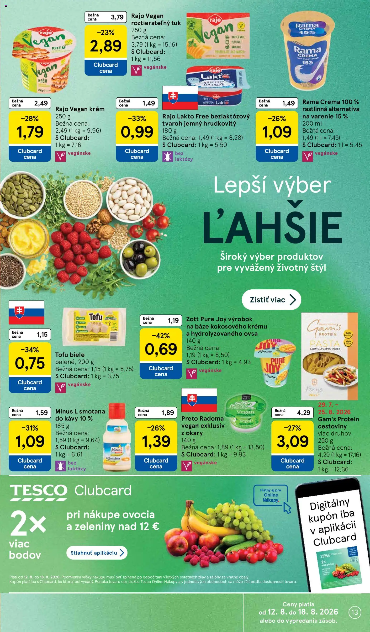 Nové Tesco akcie – leták je platný od 12.08.2026 | Strana: 13 | Produkty: Maslo, Cestoviny, Smotana, Tofu