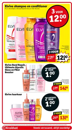 Elvive shampoo en conditioner, M.u.v. Bond Repair, Ultimate Glycolic Gloss en Fiber Booster. - Voorbeeld van een folder van Kruidvat, geldig van 19.05.2026 | Pagina: 60 | Producten: Kan, Shampoo, Haarolie, Masker