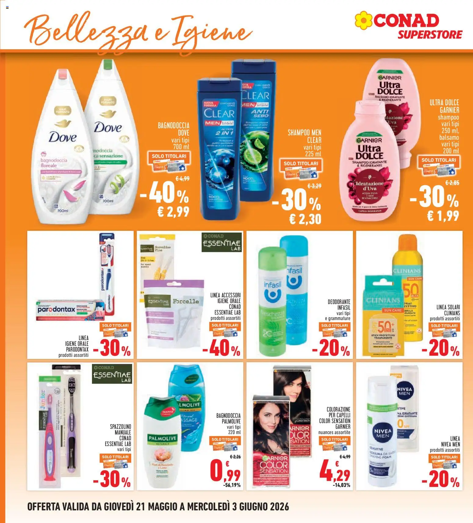 Volantino Conad del 21.05.2026 | Pagina: 20 | Prodotti: Shampoo, Balsamo, Deodorante, Spazzolino