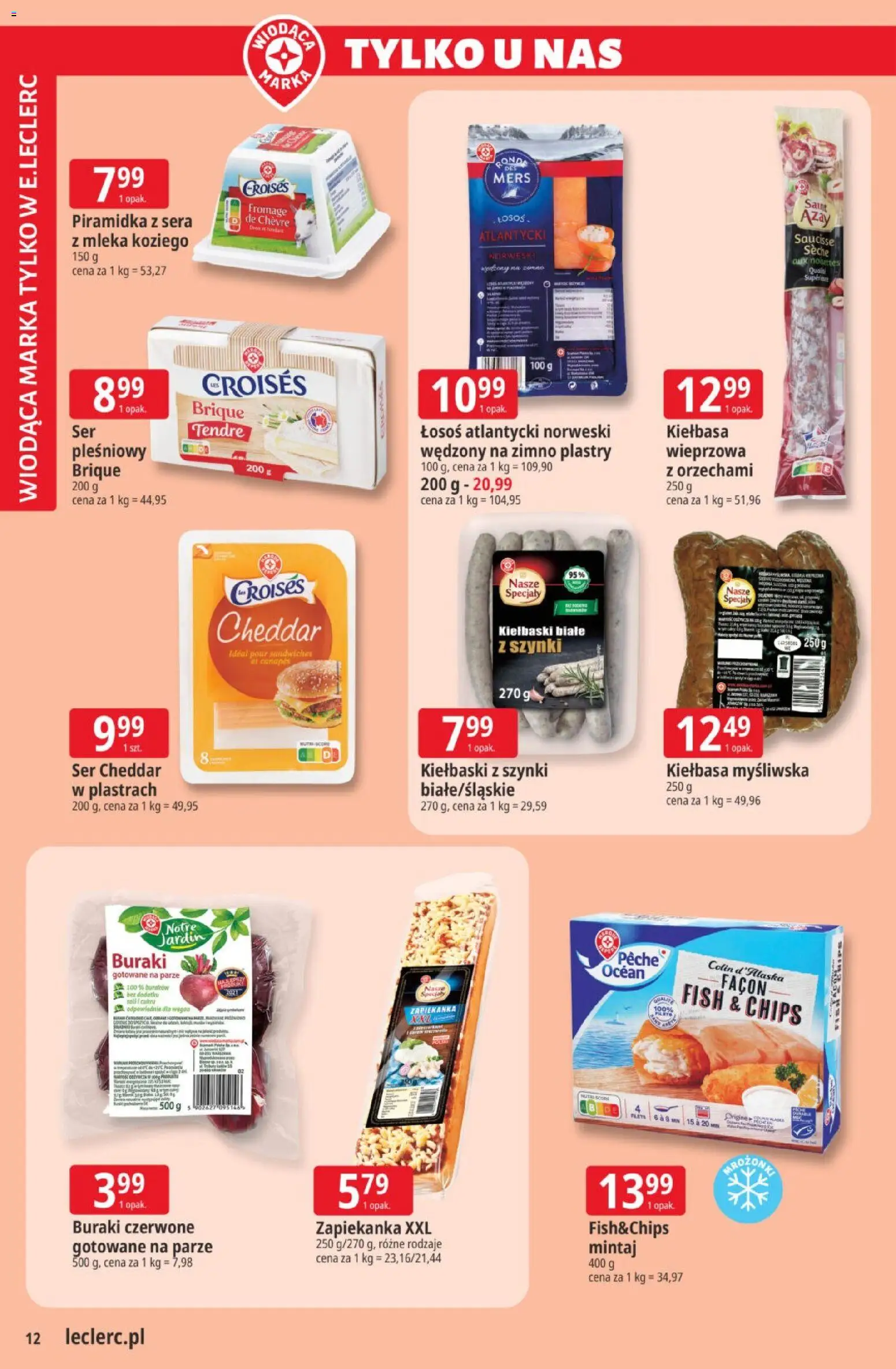 E.Leclerc gazetka od 14.07.2026 | Strona: 12 | Produkty: Kiełbasa, Łosoś atlantycki, Cheddar, Ser cheddar