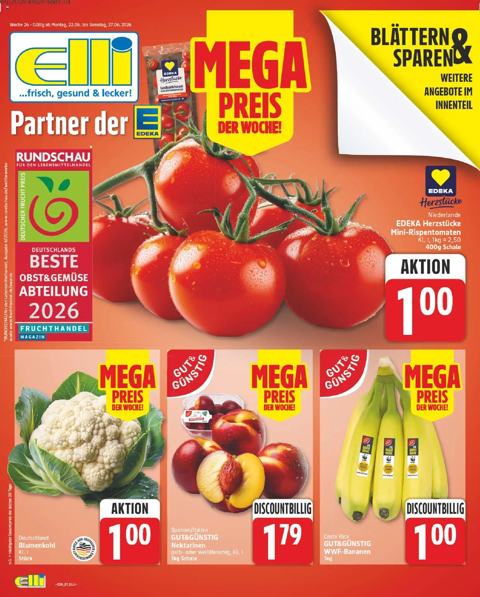 Elli Markt Prospekt Hövelhof – gültig ab 22.06.2026 | Seite: 1 | Produkte: Nektarinen, Gemüse, Blumenkohl