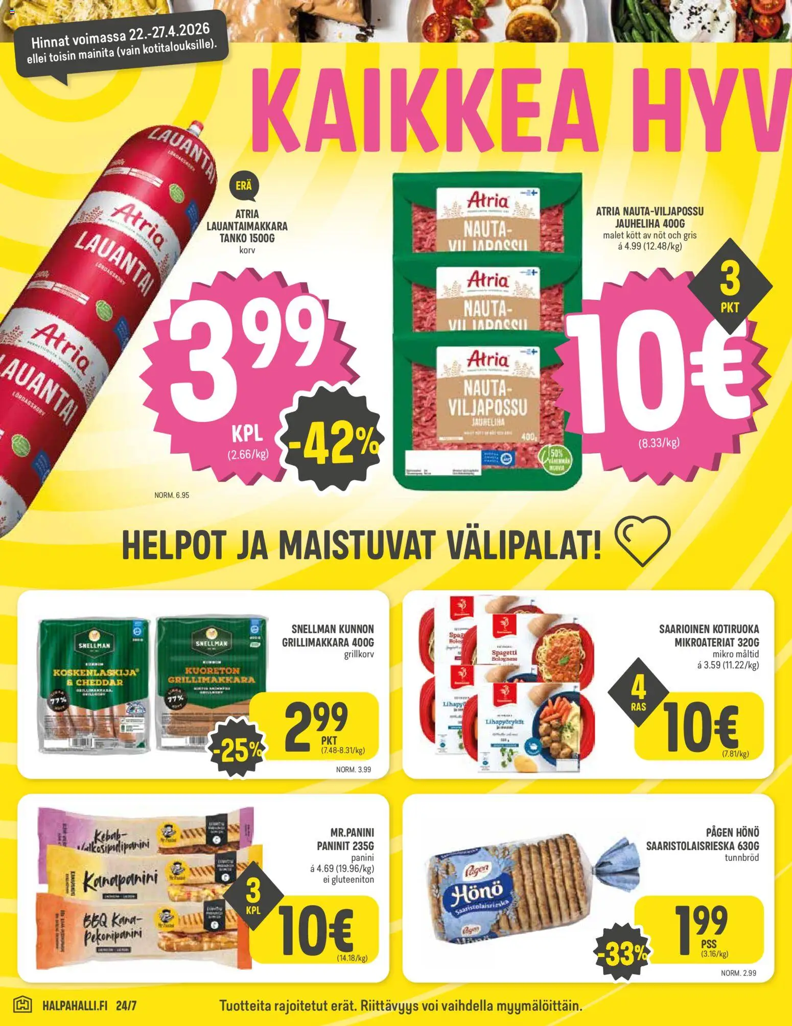 Halpa Halli tarjoukset – voimassa 22.04.2026 alkaen | Sivu: 2 | Tuotteet: Jauheliha, Kana, Cheddar, Grillimakkara