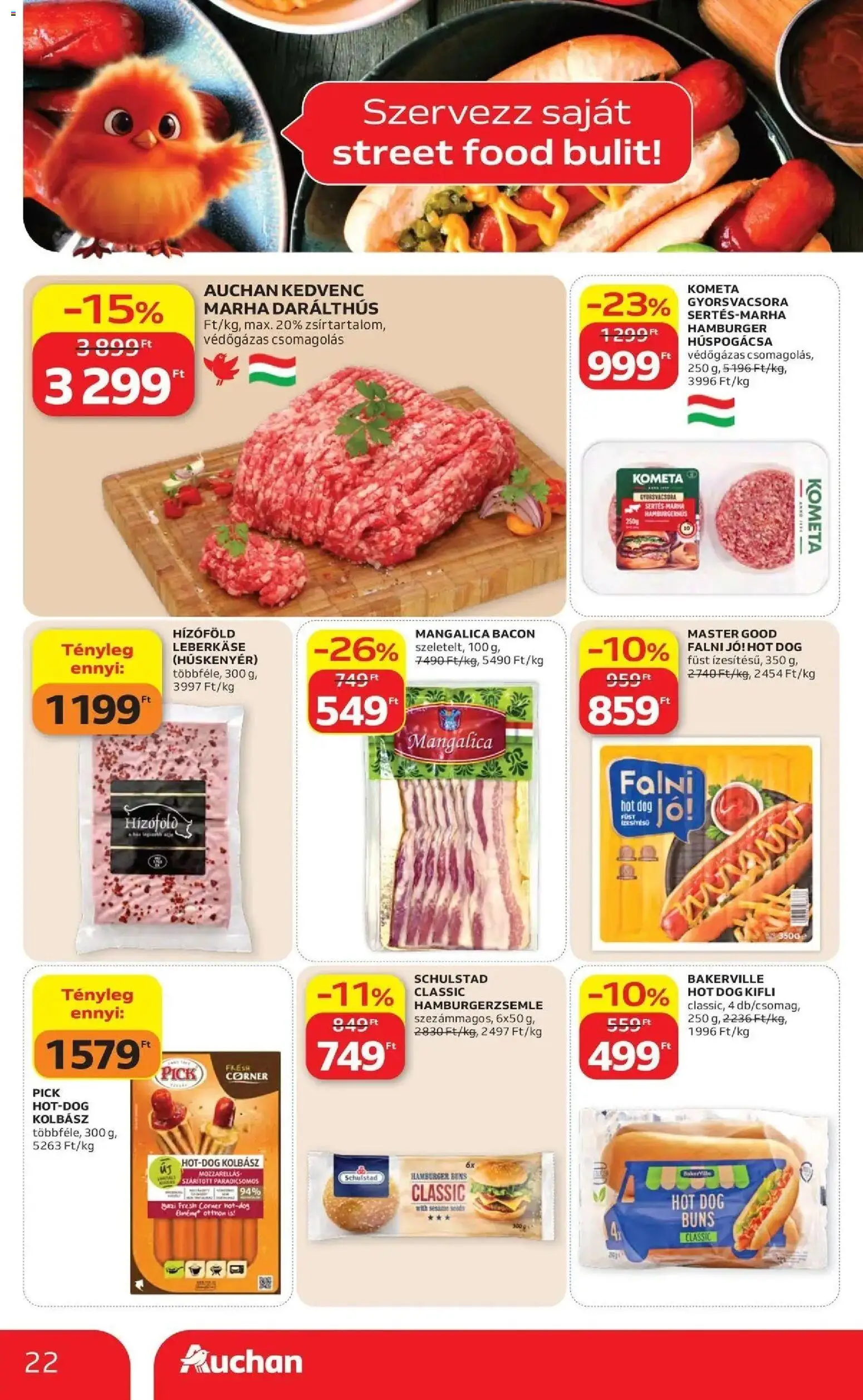 Auchan akciós ujság - amely érvényes a következő dátumtól: 07.05.2026 | Oldal: 22 | Termékek: Hot dog, Kolbász, Pick, Bacon