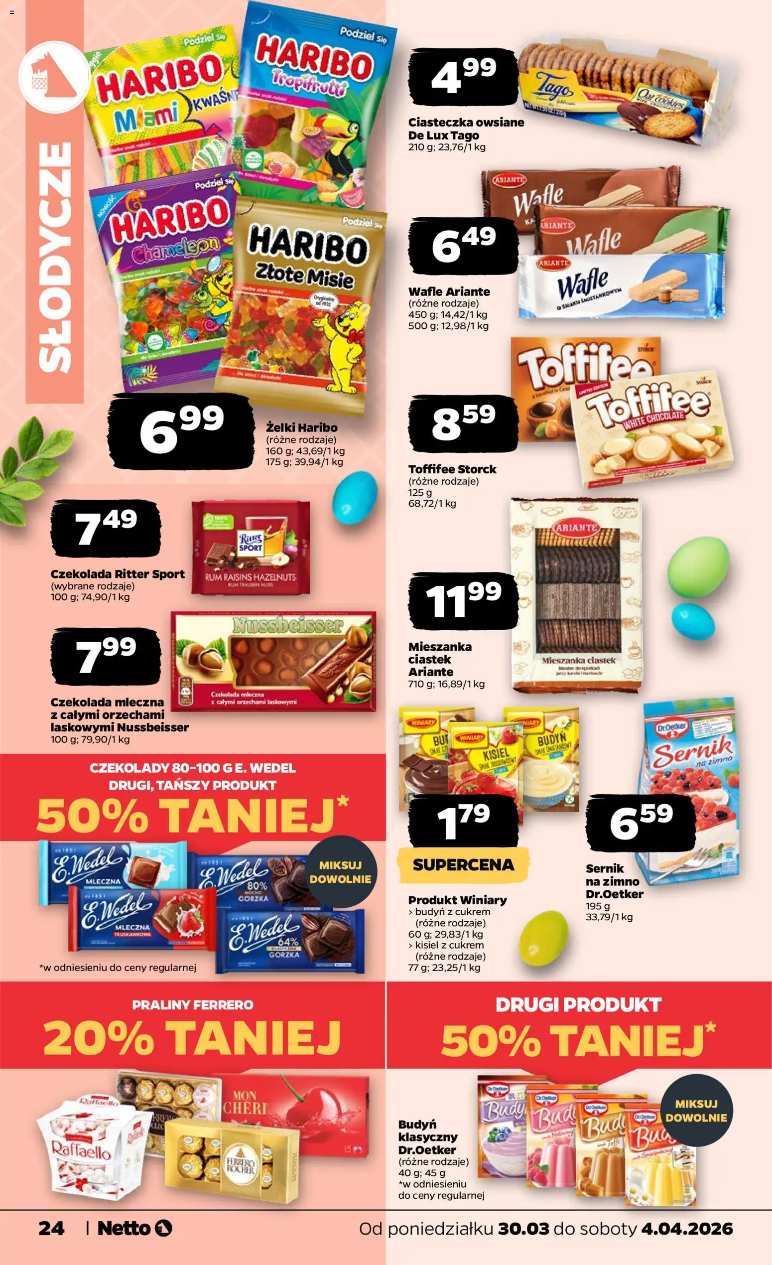 Netto gazetka od poniedziałku spożywcza od 30.03.2026 | Strona: 24 | Produkty: Słodycze, Wafle, Toffifee, Ciasteczka