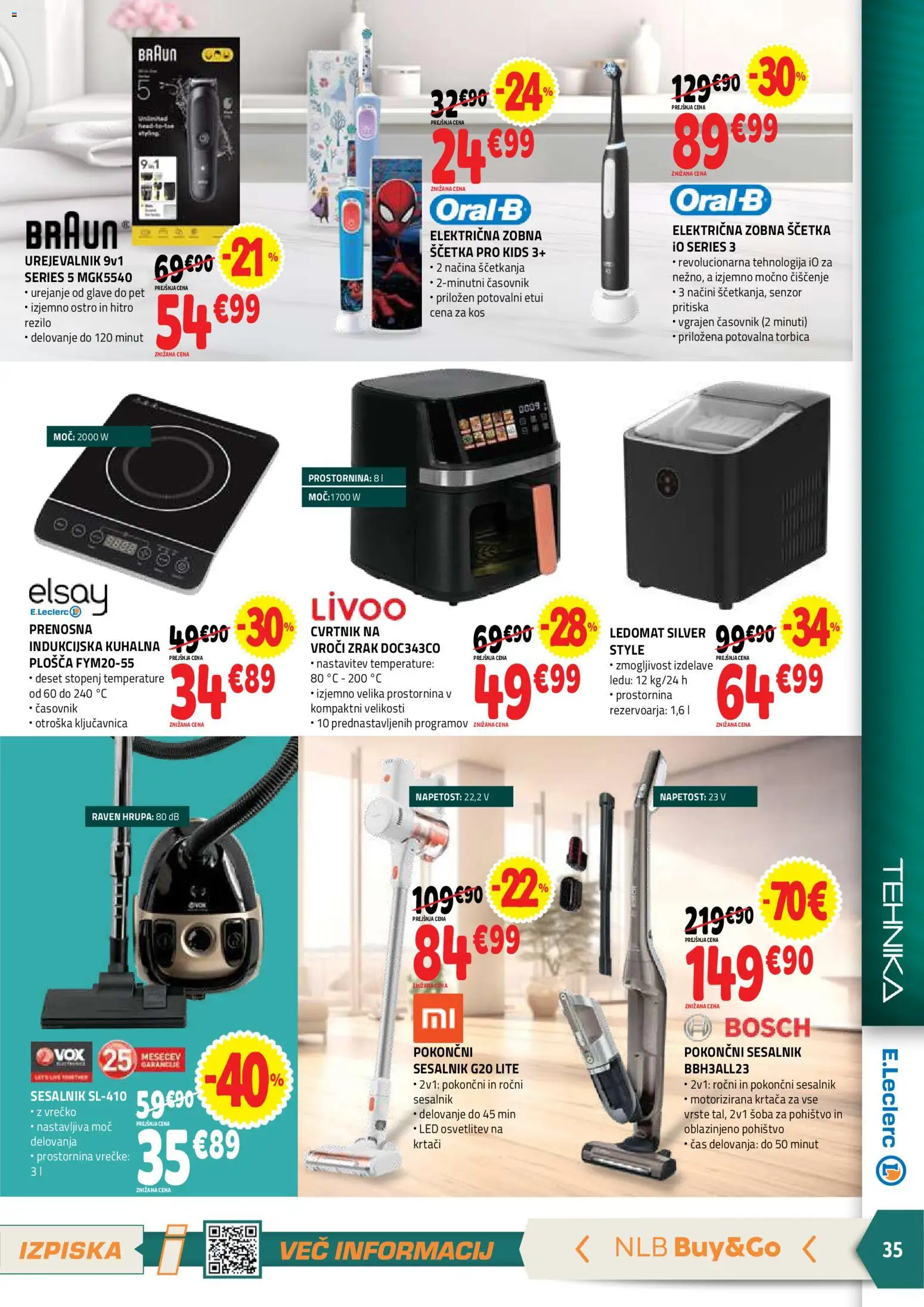 Novi E.leclerc katalog ponudbe – veljaven od 05.08.2026 | Stran: 35 | Izdelki: Kuhalna plosca, Elektricna zobna scetka, Ledomat, Torbica