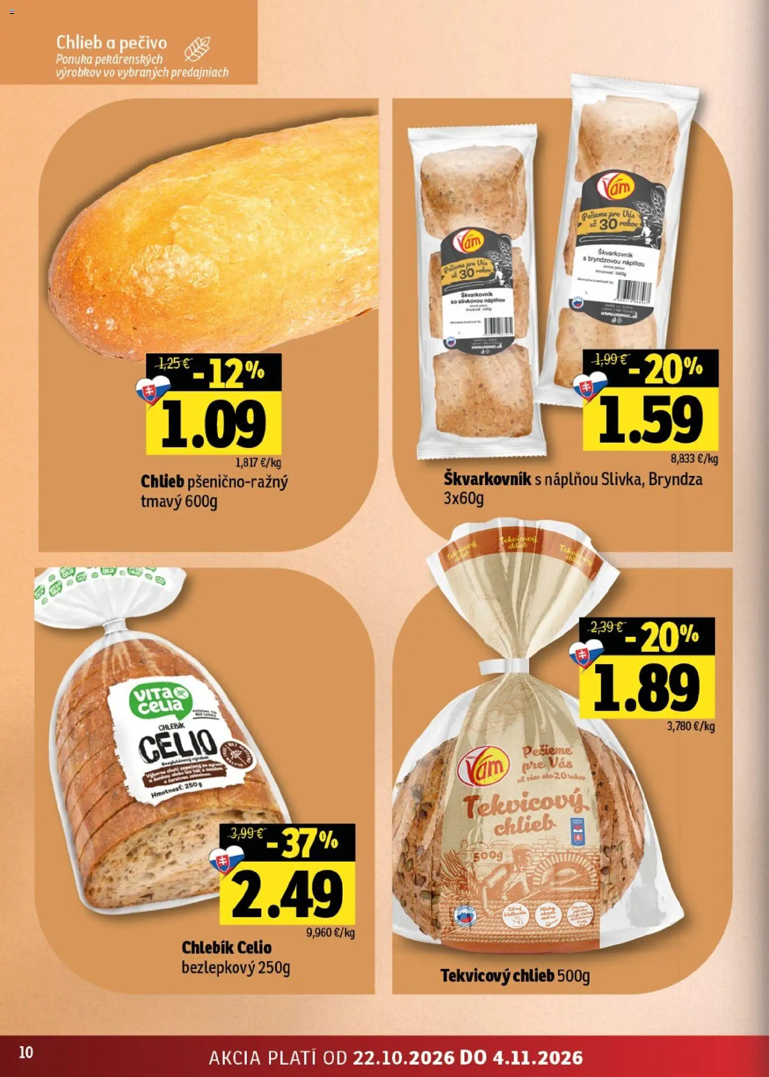 Nové Fresh akcie – leták je platný od 22.10.2026 | Strana: 10 | Produkty: Chlieb, Bryndza, Pečivo