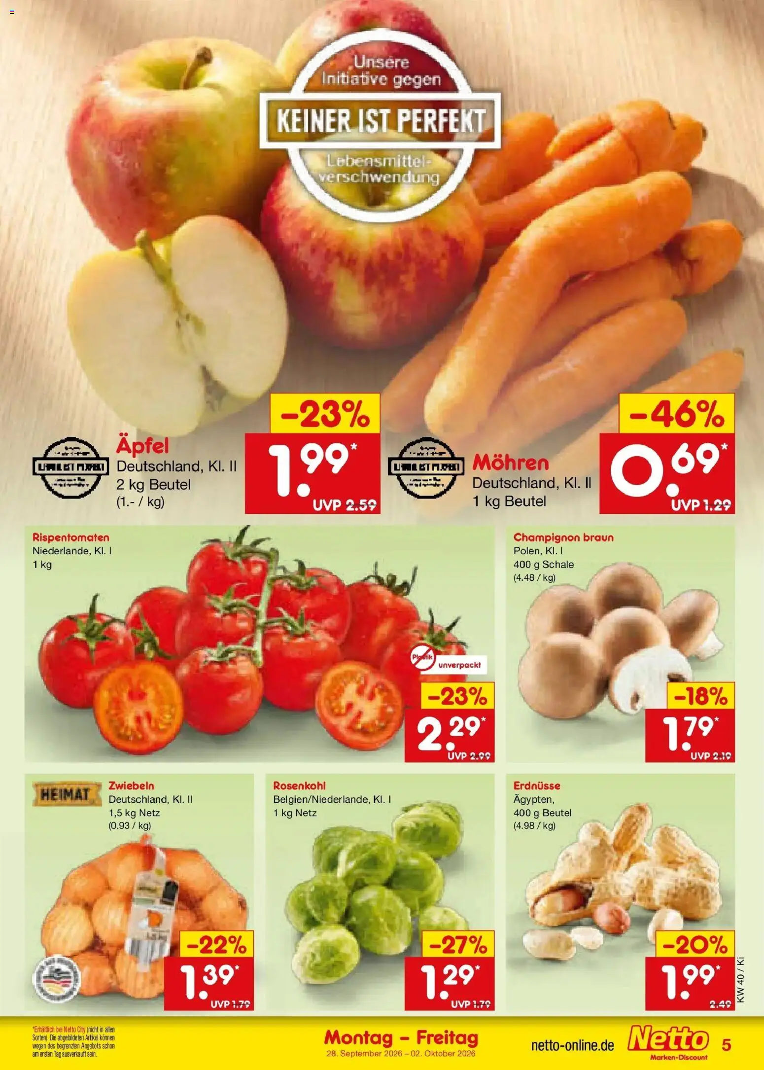 Netto Marken-Discount Prospekt Bad Friedrichshall – gültig ab 28.09.2026 | Seite: 5 | Produkte: Erdnüsse, Äpfel, Mohren, Zwiebeln
