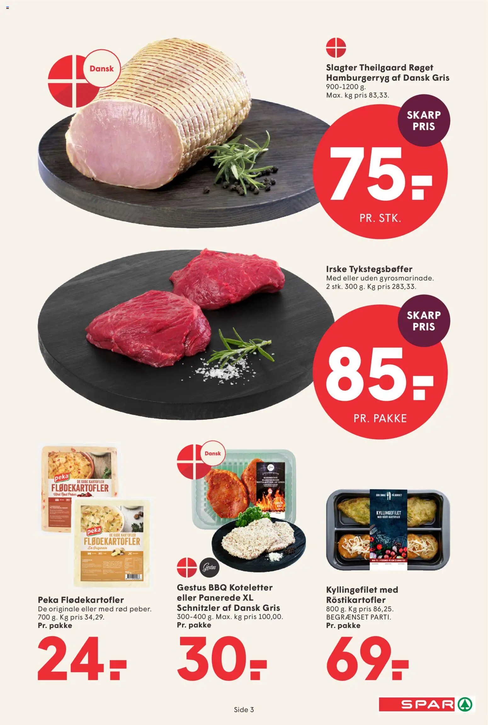 Spar tilbudsavis – gyldig fra 21/08/2026 | Side: 3 | Produkter: Koteletter, Kartofler, Schnitzler, Hamburgerryg