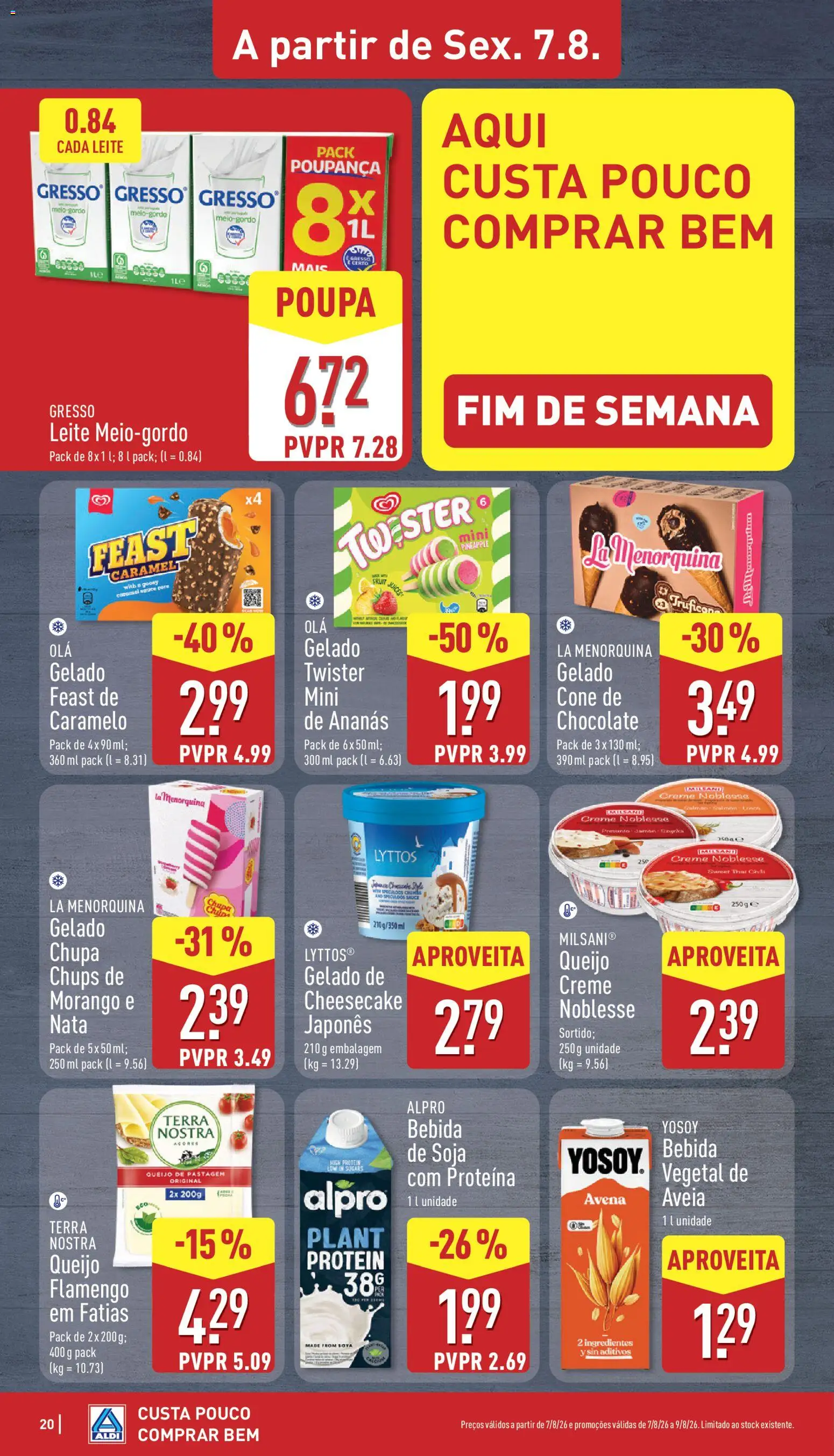 Aldi folheto │ válido de 03/08/2026 | Página: 20 | Produtos: Gelado, Chocolate, Leite meio-gordo, Nata