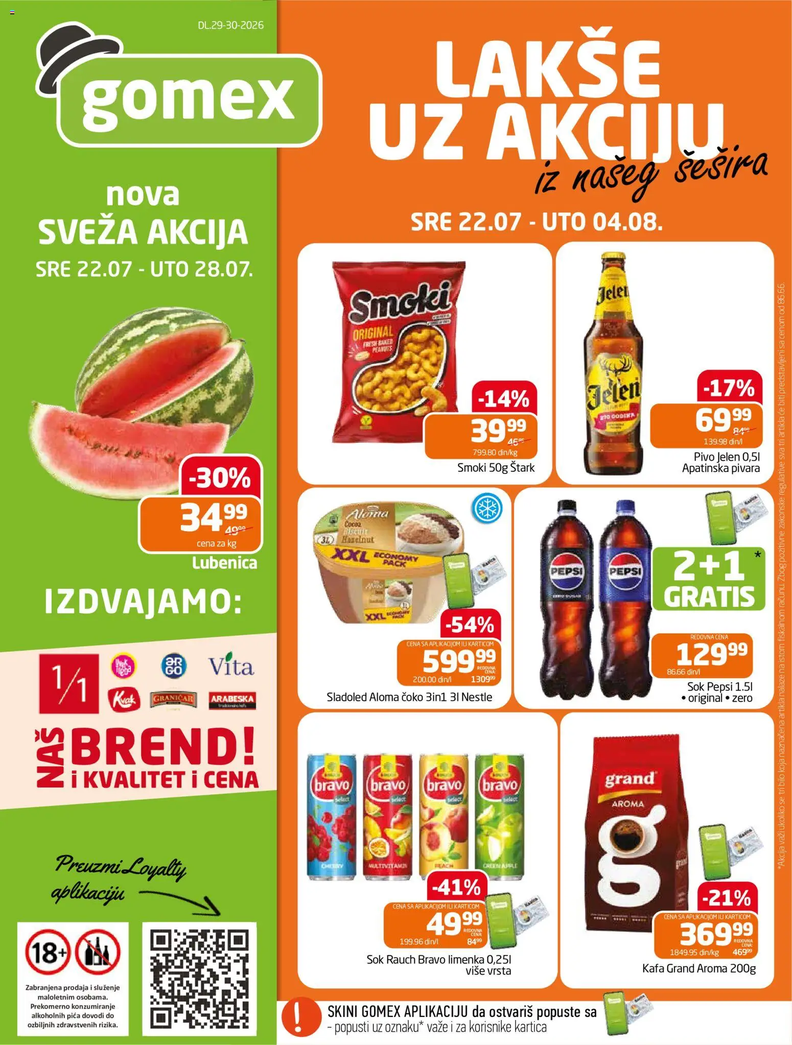 Gomex katalog - važi od 22.07.2026 | Strana: 1 | Proizvode: Lubenica, Kafa, Pica, Sok
