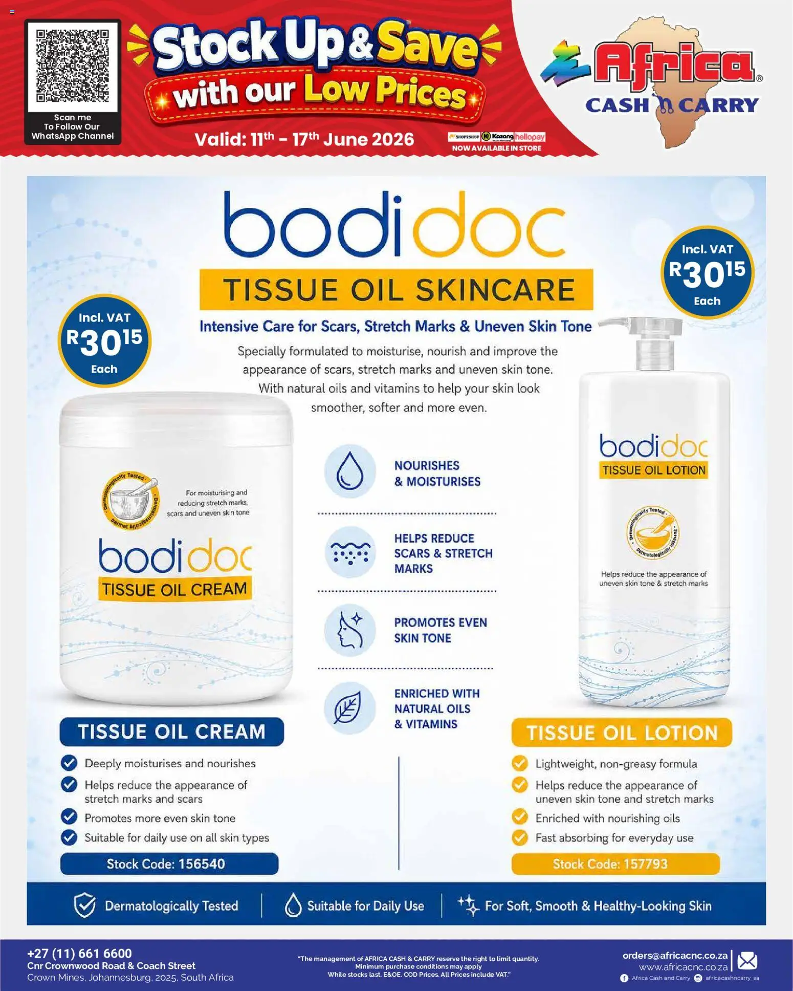 New Africa Cash & Carry catalogue – valid from 11.06.2026 | Page: 5 | Products: Tissue oil, Vitamins, Stock, Lotion