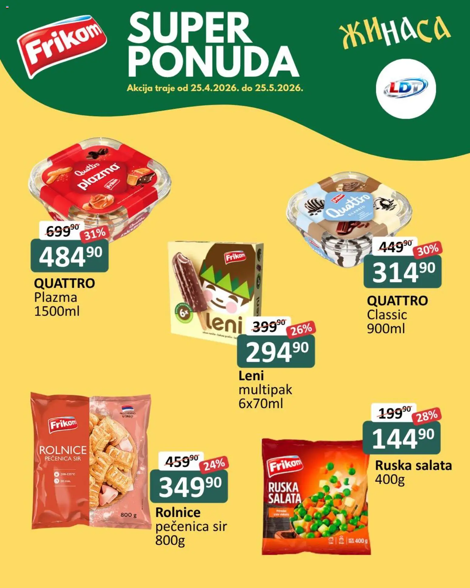 ŽINASA katalog - važi od 25.04.2026 | Strana: 1 | Proizvode: Ruska salata, Salata, Sir, Pečenica