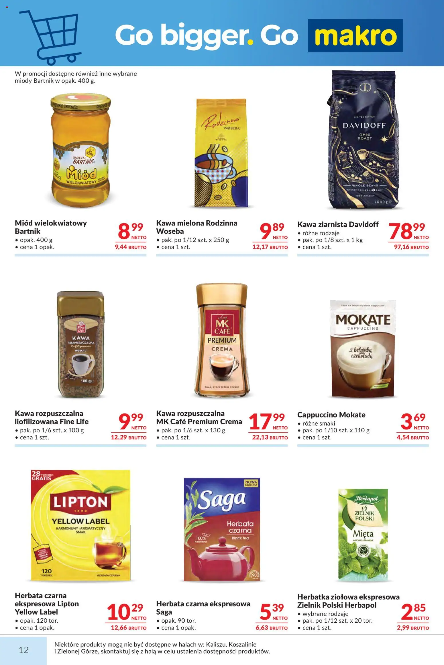 Makro gazetka od 27.10.2026 | Strona: 12 | Produkty: Kawa rozpuszczalna, Miód wielokwiatowy, Czarna herbata, Belgijska czekolada