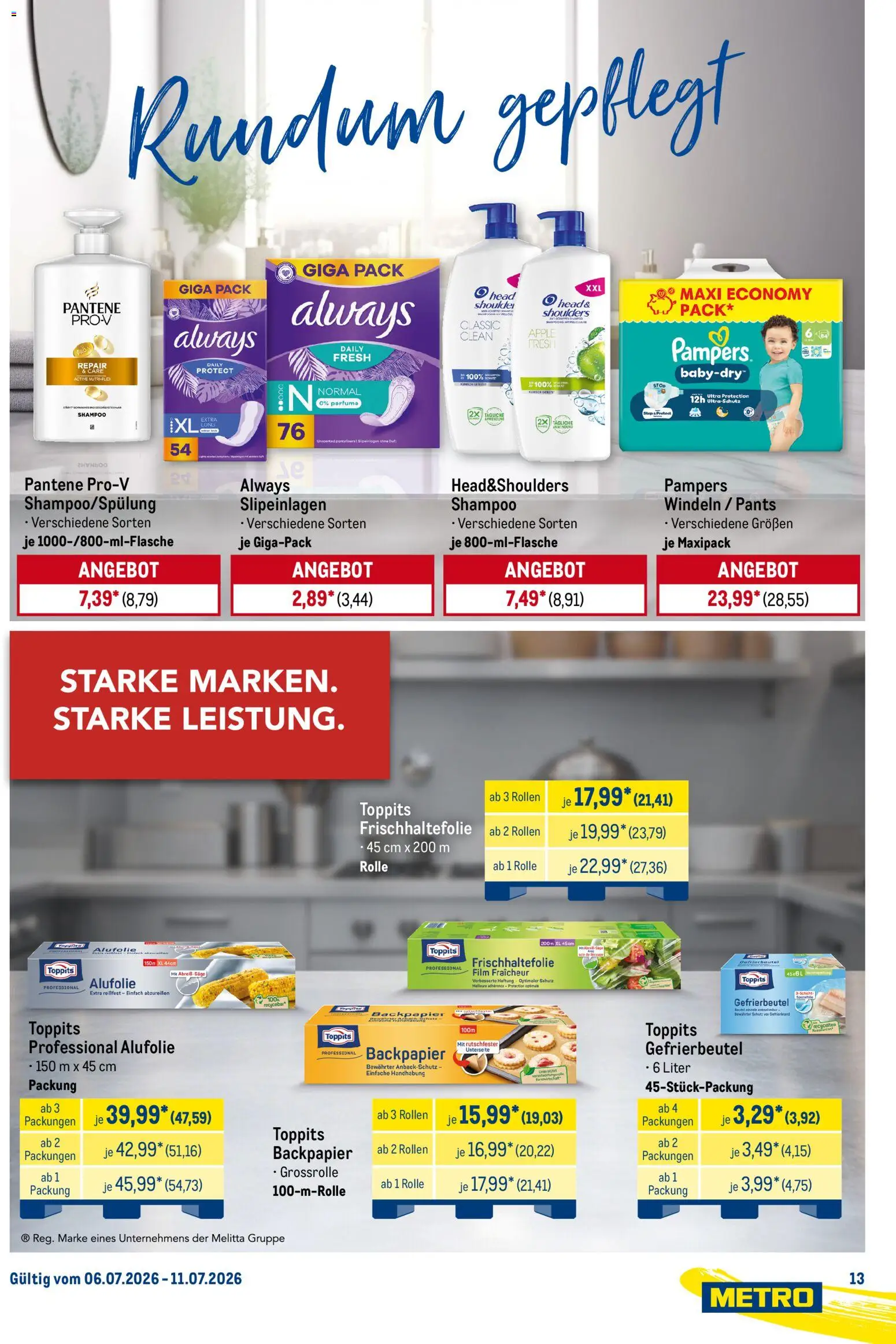 Metro Starke Marken – gültig ab 06.07.2026 | Seite: 13 | Produkte: Melitta, Pampers, Shampoo, Apple