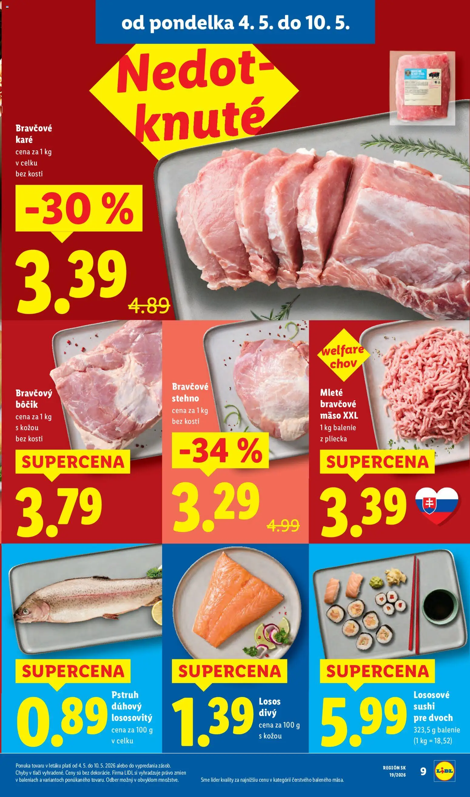 Nové Lidl akcie – leták je platný od 04.05.2026 | Strana: 15 | Produkty: Bravčové stehno, Bravčový bôčik, Sushi, Bravčové karé