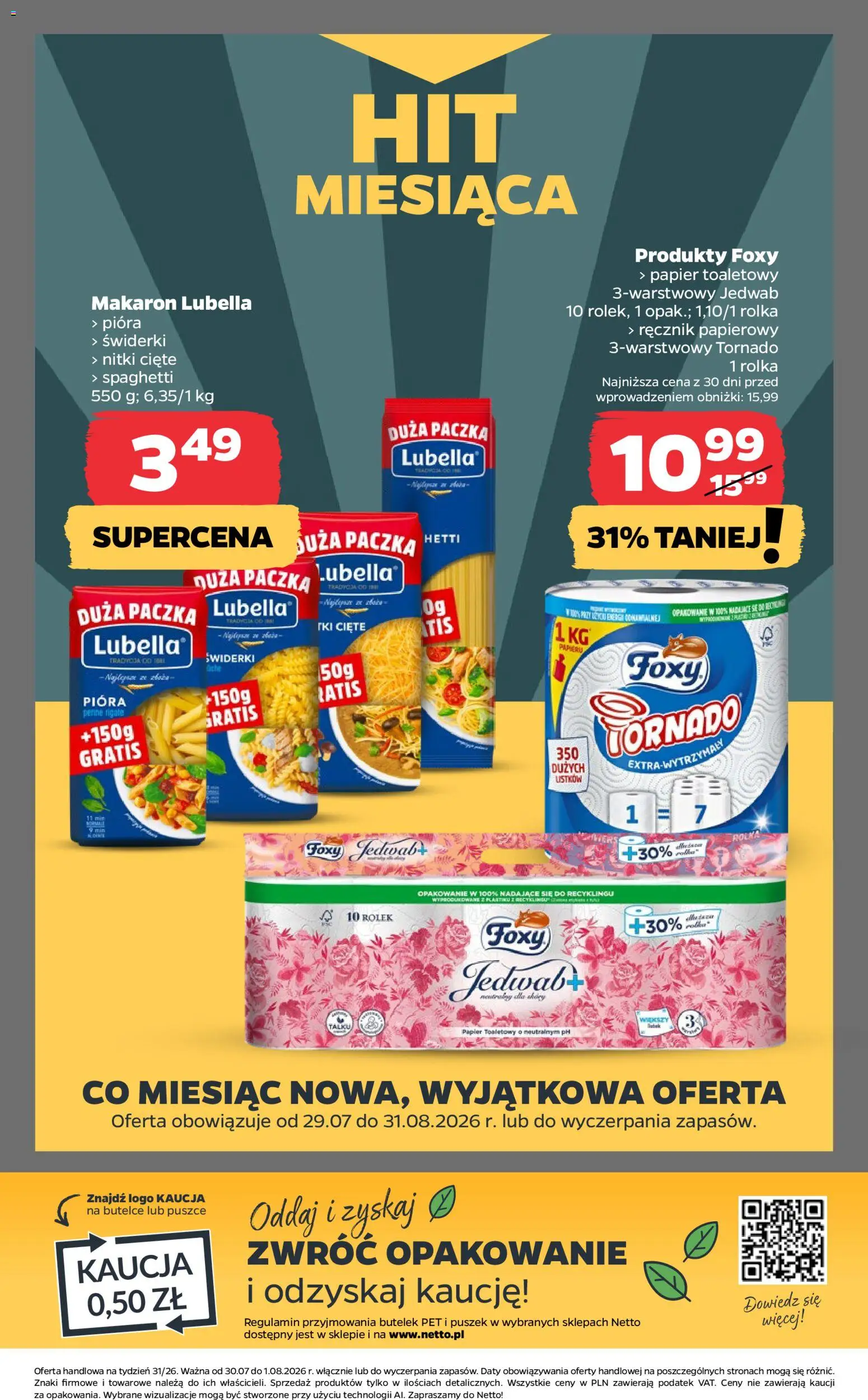 Netto gazetka od czwartku od 30.07.2026 | Strona: 20 | Produkty: Papier toaletowy, Penne, Makaron, Ręcznik papierowy