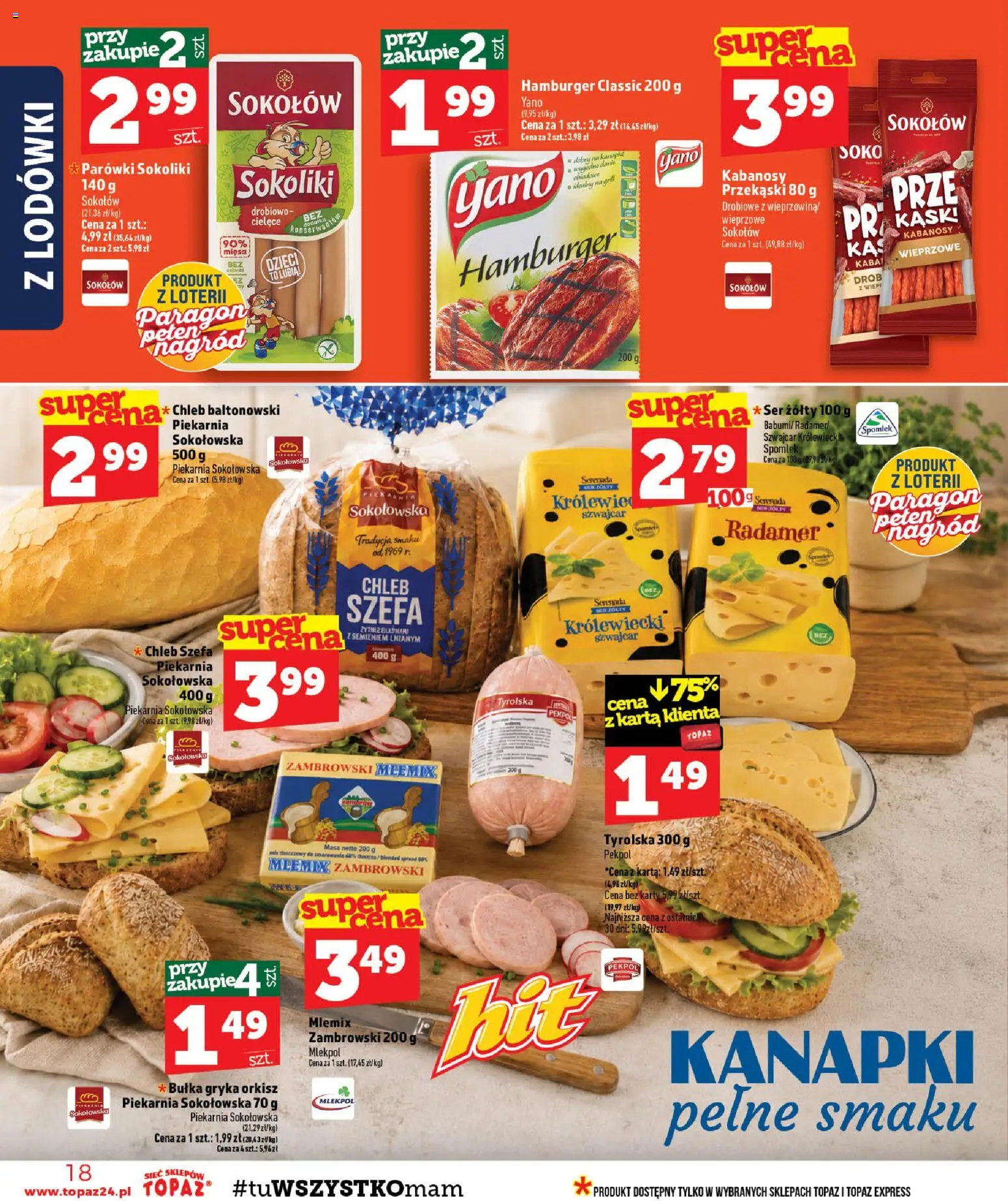Topaz gazetka - MAZ od 20.08.2026 | Strona: 18 | Produkty: Ser żółty, Hamburger, Lodówki, Chleb