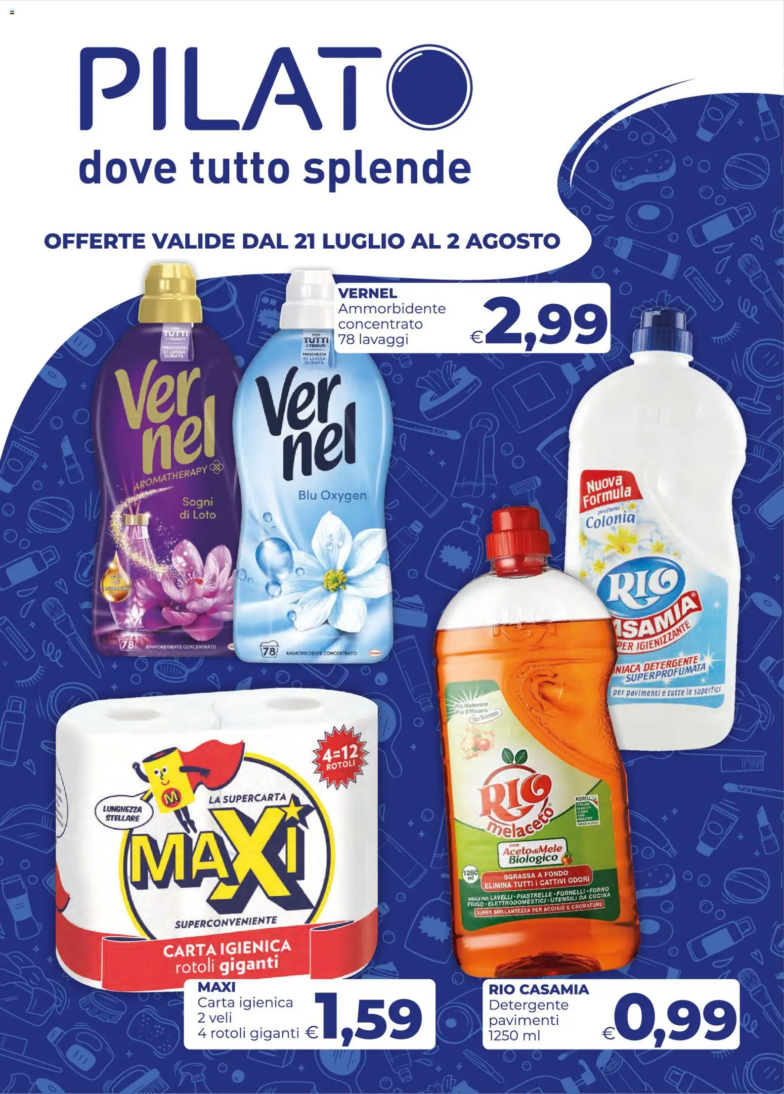 Volantino Pilato del 21/07/2026 | Pagina: 1 | Prodotti: Carta igienica, Ammorbidente, Detergente, Profumo