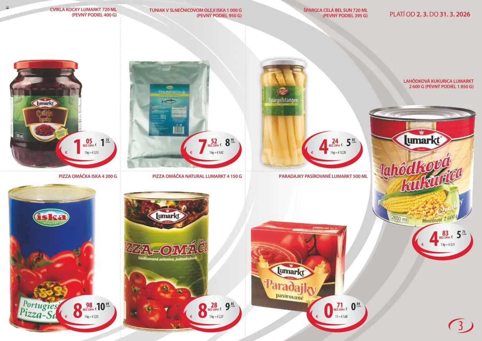 Nové CBA Komfos akcie – leták je platný od 02.03.2026 | Strana: 3 | Produkty: Pizza, Paradajky, Omáčka, Kukurica