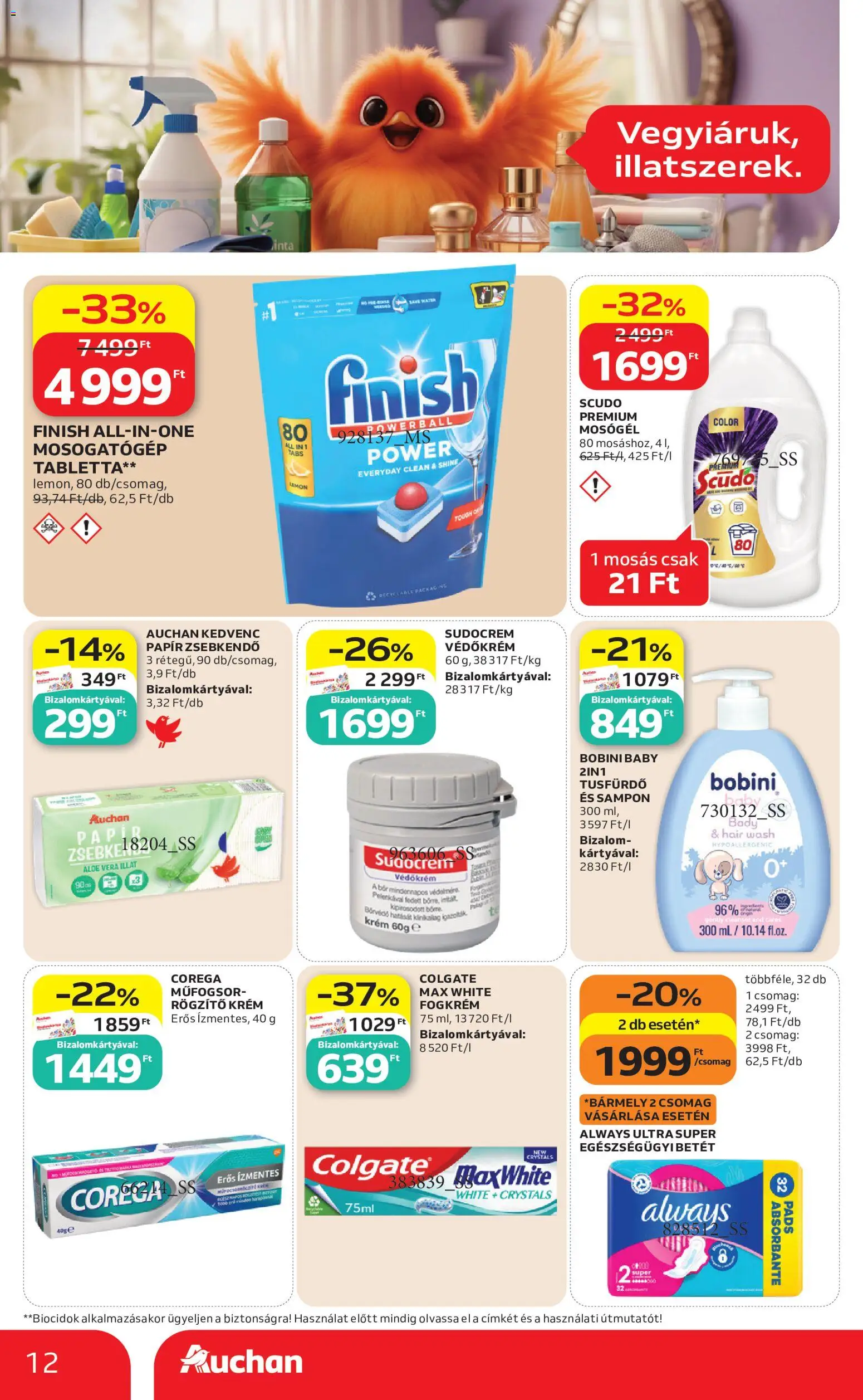 Auchan akciós ujság - amely érvényes a következő dátumtól: 21.05.2026 | Oldal: 12 | Termékek: Mosogatógép, Mosógél, Sampon, Fogkrém