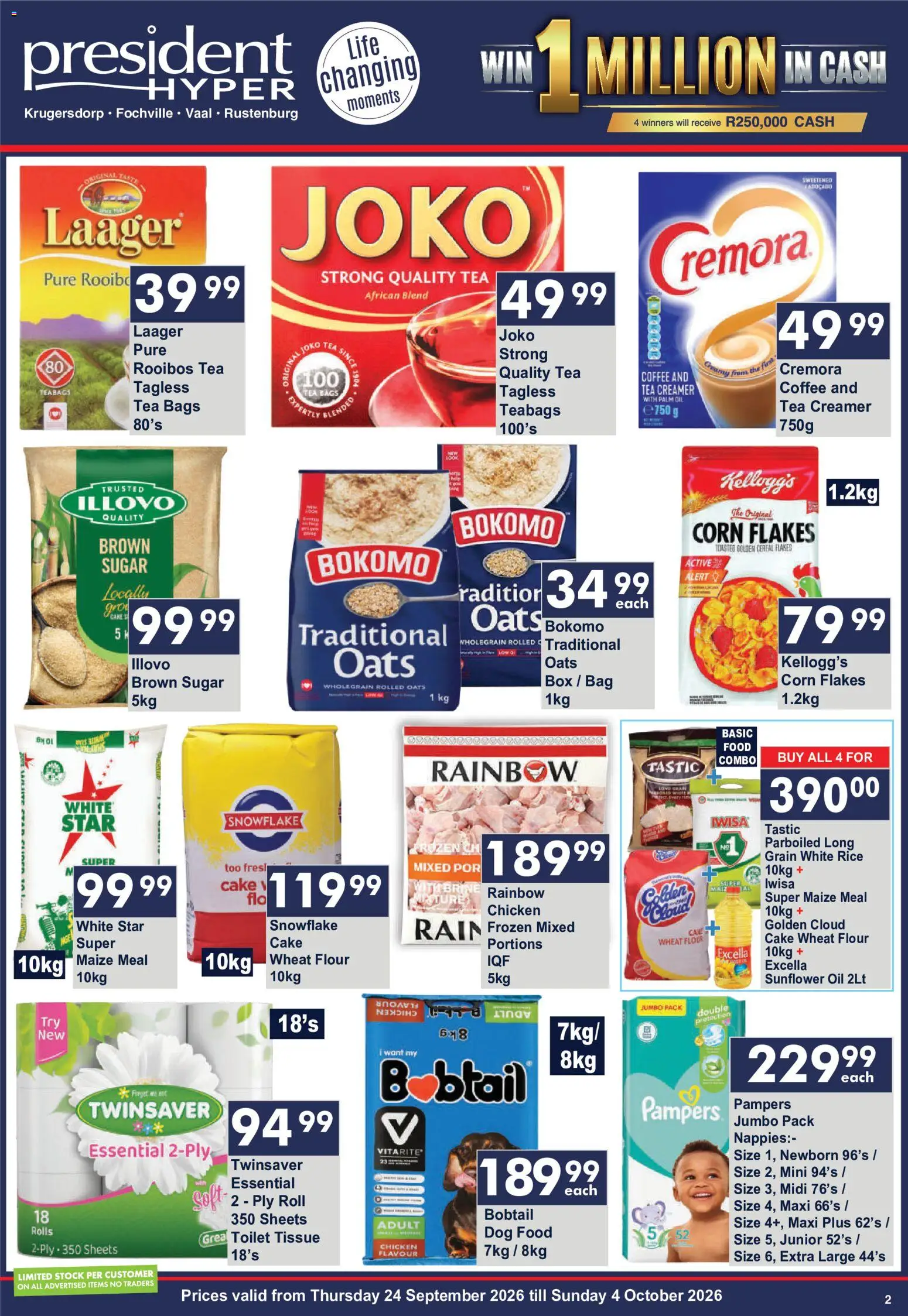 New President Hyper catalogue – valid from 24/09/2026 | Page: 2 | Products: Maize meal, Rice, Tea, Nappies