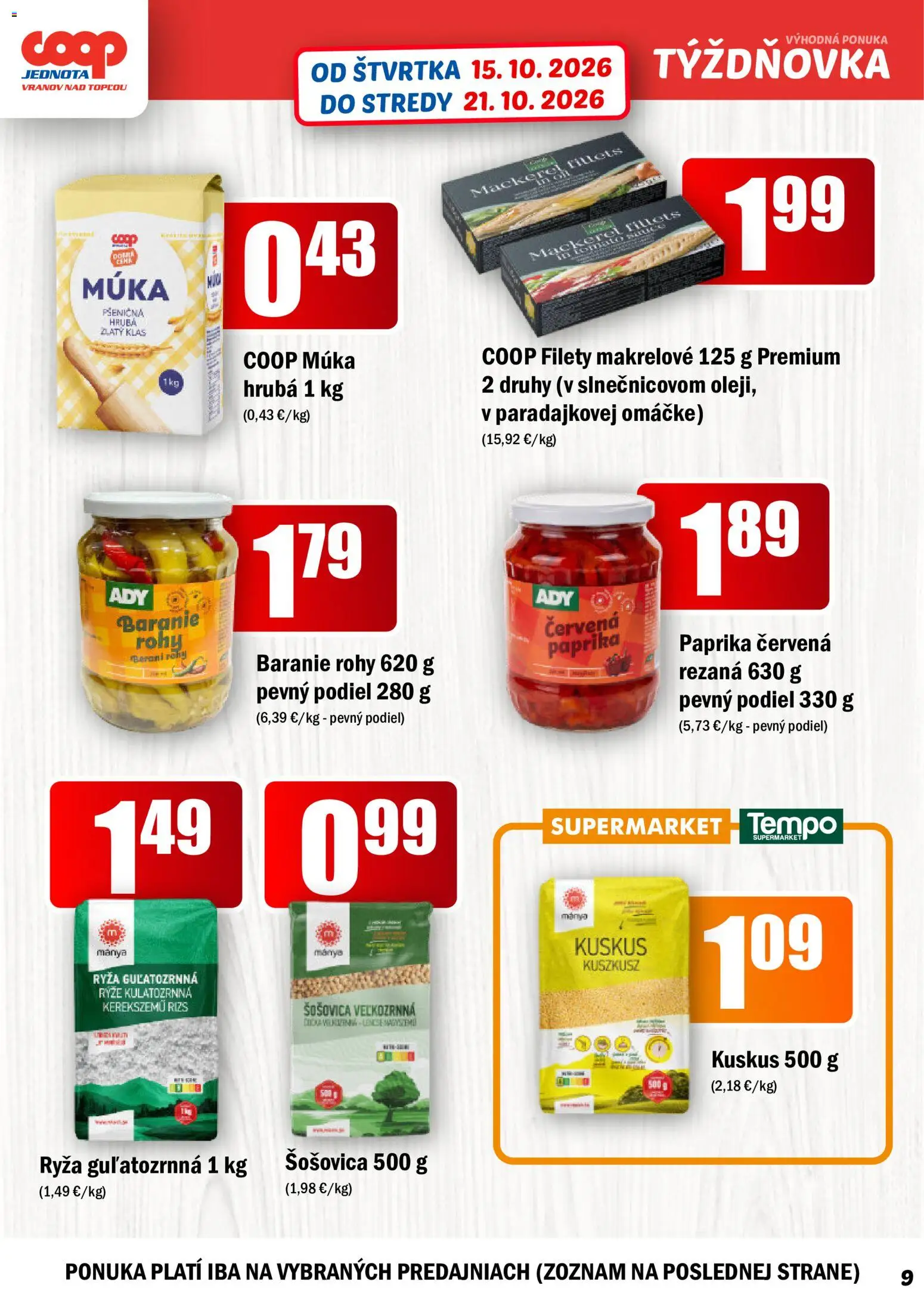 Nové COOP Jednota akcie – leták je platný od 15.10.2026 | Strana: 9 | Produkty: Paprika, Ryža, Zlatý klas, Červená paprika