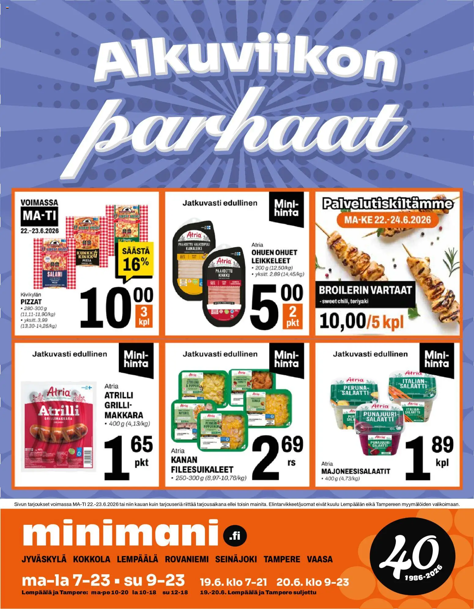 Minimani tarjoukset – voimassa 22/06/2026 alkaen | Sivu: 1 | Tuotteet: Vartaat, Kinkku, Pizza, Punajuuri