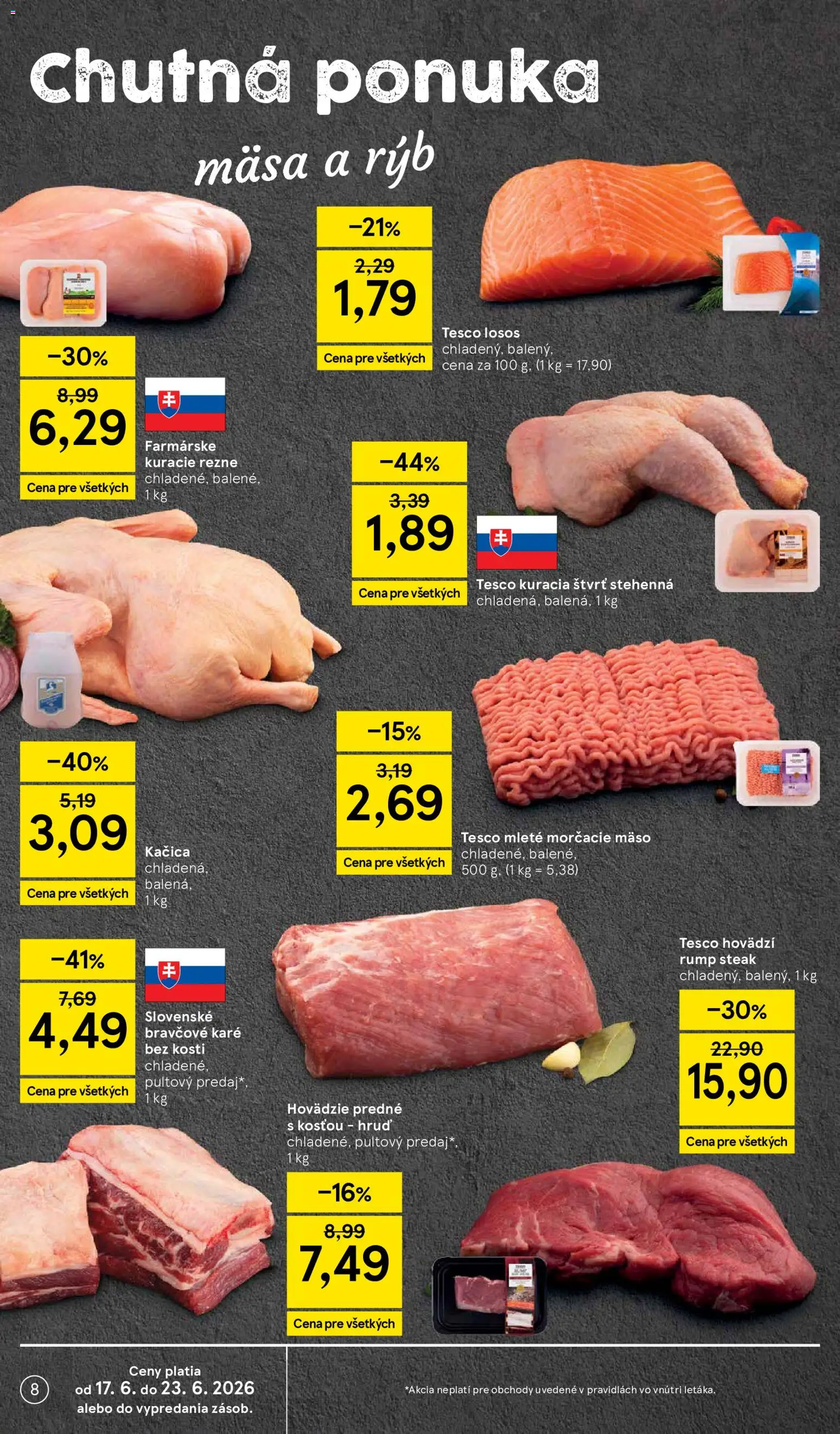 Nové Tesco akcie – leták je platný od 17.06.2026 | Strana: 8 | Produkty: Kuracie rezne, Losos, Steak, Bravčové karé