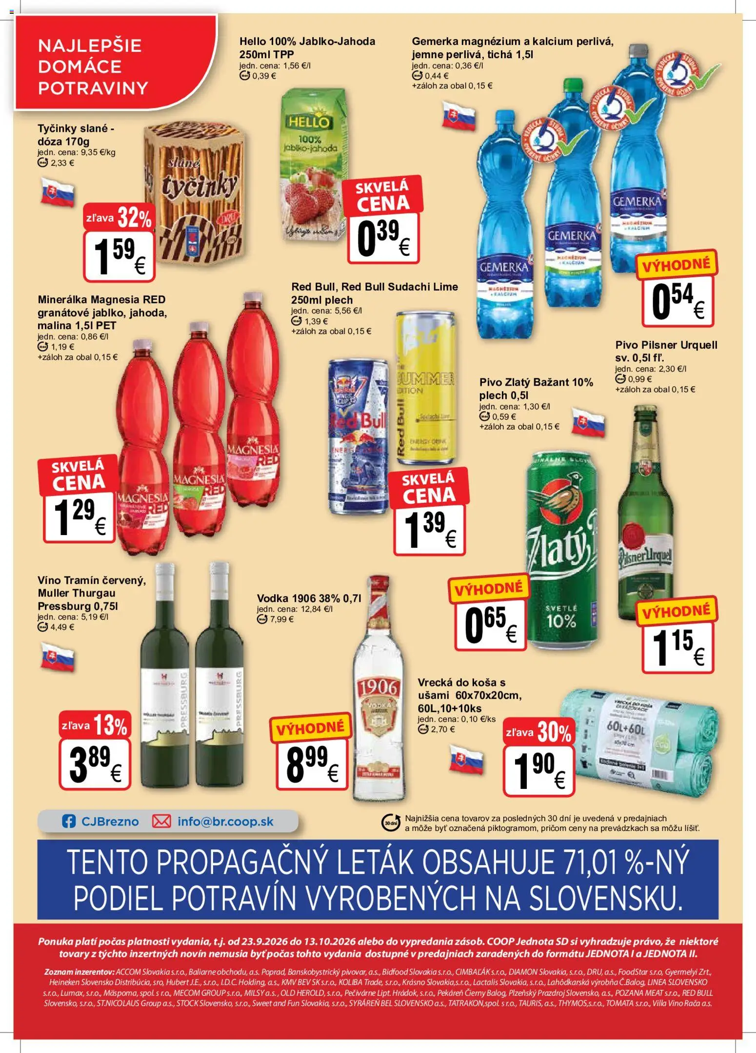 Nové COOP Jednota akcie – leták je platný od 23.09.2026 | Strana: 4 | Produkty: Pilsner Urquell, Zlatý Bažant, Magnesia, Vodka
