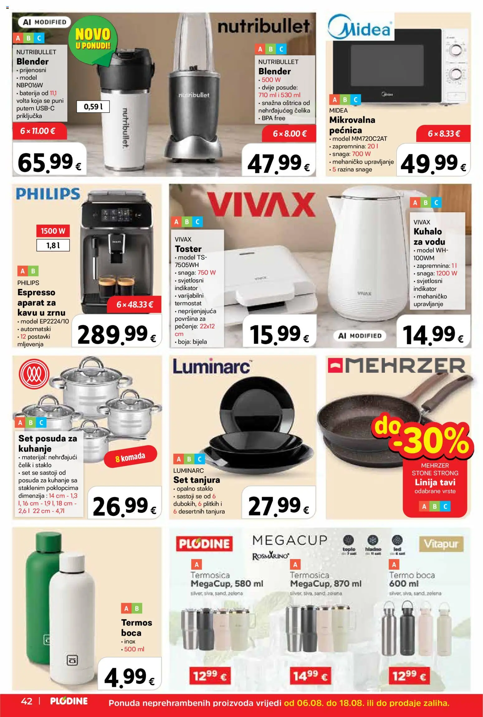 Plodine katalog | vrijedi od 06.08.2026 | Stranica: 42 | Proizvodi: Aparat za kavu, Kuhalo za vodu, Baterija, Mikrovalna pećnica