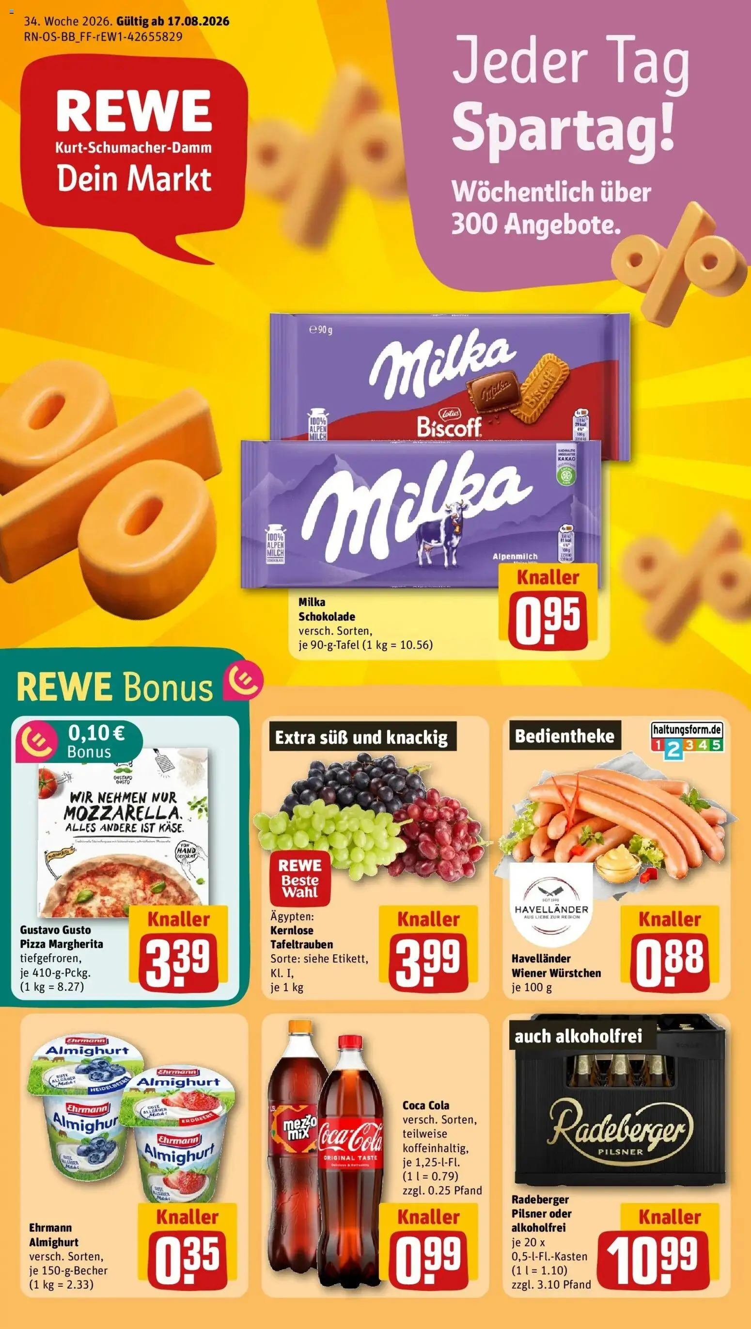 REWE Prospekt ab 17.08.2026 zum Blättern » Angebote | Seite: 1 | Produkte: Gustavo gusto, Coca cola, Milka schokolade, Milka