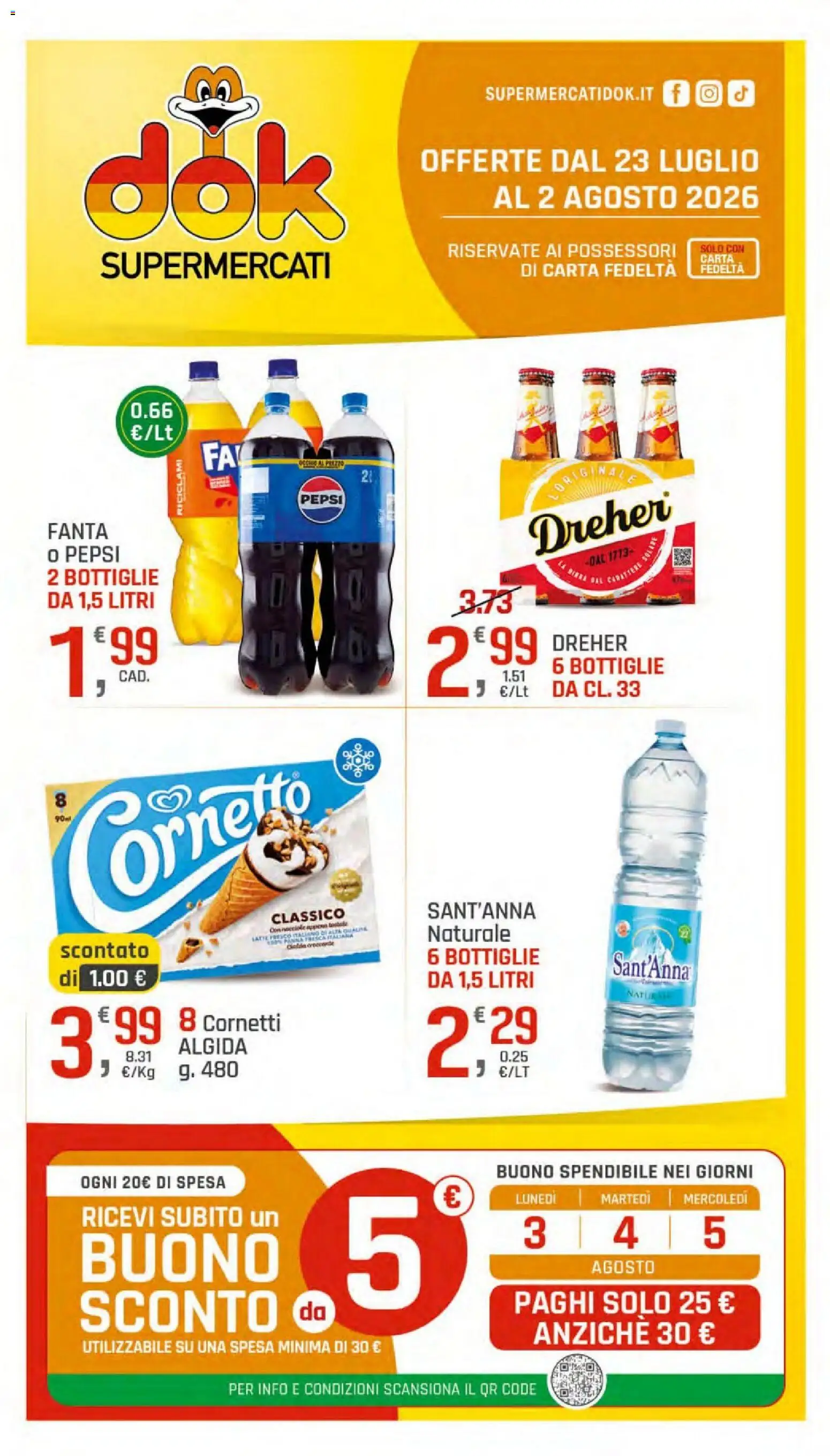 Volantino DOK del 23/07/2026 | Pagina: 1 | Prodotti: Cornetto, Latte, Fanta, Pepsi