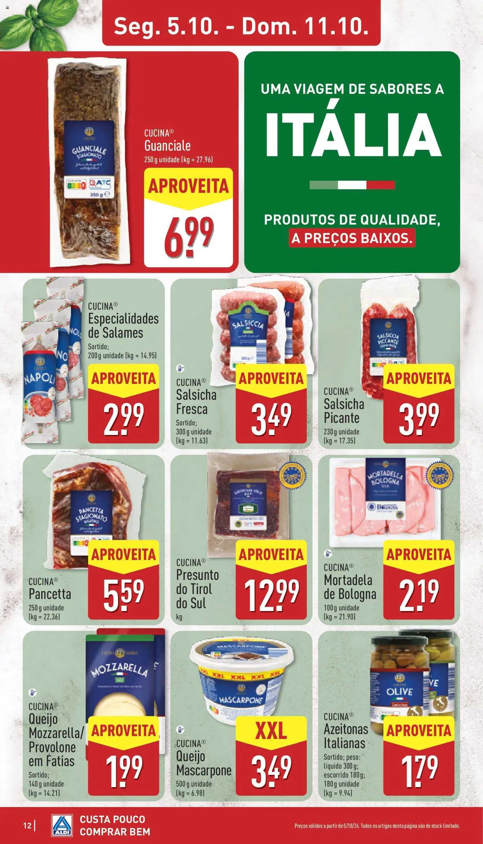 Aldi folheto │ válido de 05/10/2026 | Página: 12 | Produtos: Mortadela, Queijo mascarpone, Presunto, Pancetta