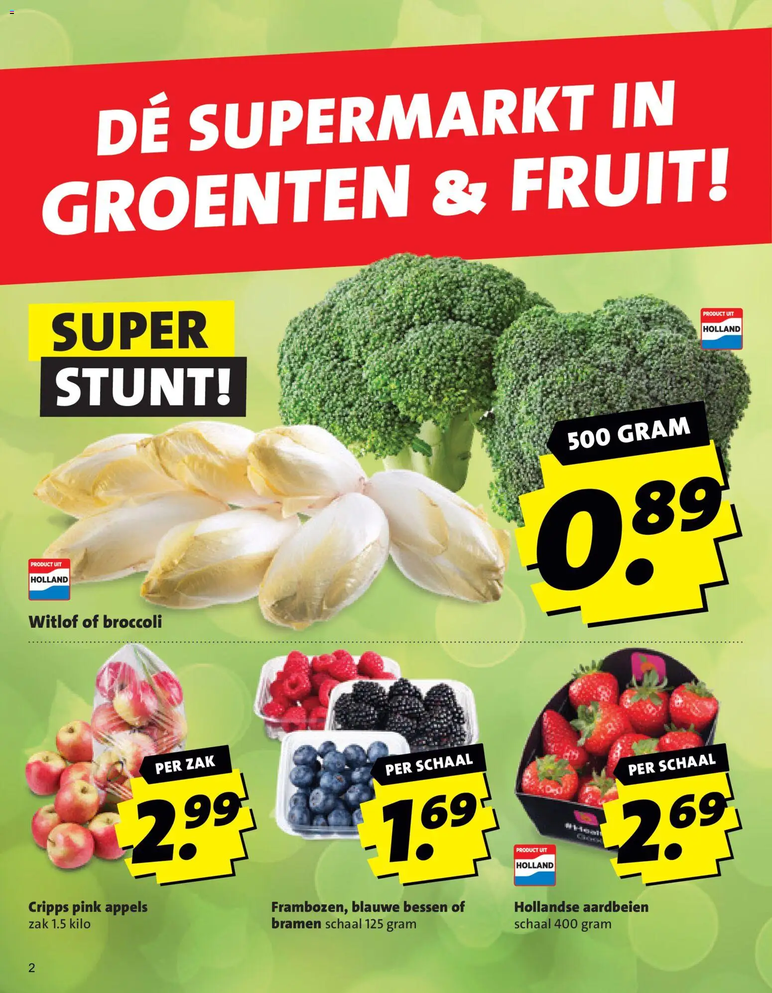 {H1} | Pagina: 2 | Producten: Broccoli, Aardbeien, Schaal, Zak