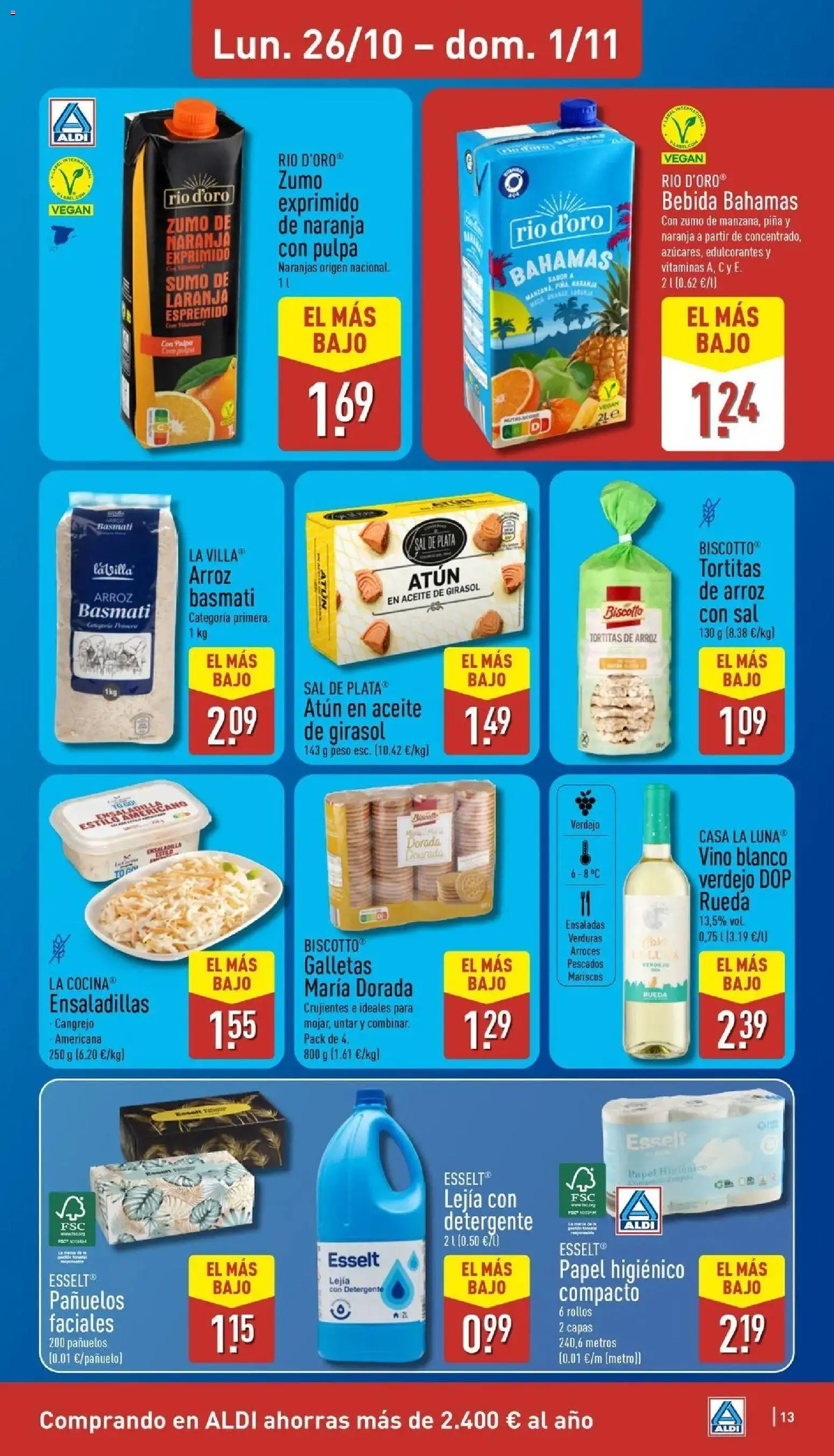 Aldi - Qué poco cuesta comprar bien │ válido desde el 26/10/2026 | Página: 13 | Productos: Detergente, Zumo, Tortitas de arroz, Sal